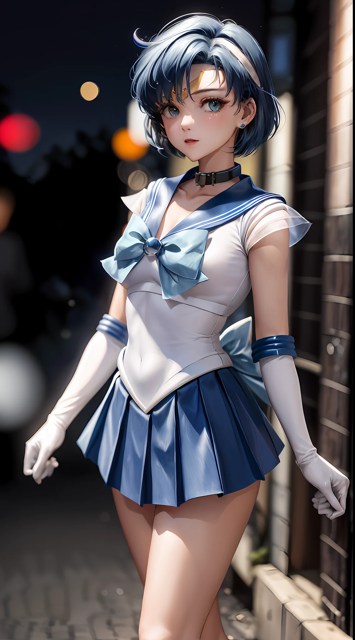 Masterpiece, Best Quality, High Resolution, Mer1, Headgear, Sailor Warrior Uniform, Blue Skirt, Blue Sailor Collar, Tiara, Bow, Knee-length Boots, Collar, White Glove, Blue Collar, Elbow Gloves, Jewelry, Earrings, Pleated Skirt, Denim Shooting, Outdoor, Bokeh (85mm Shot), Cartoon Outdoor