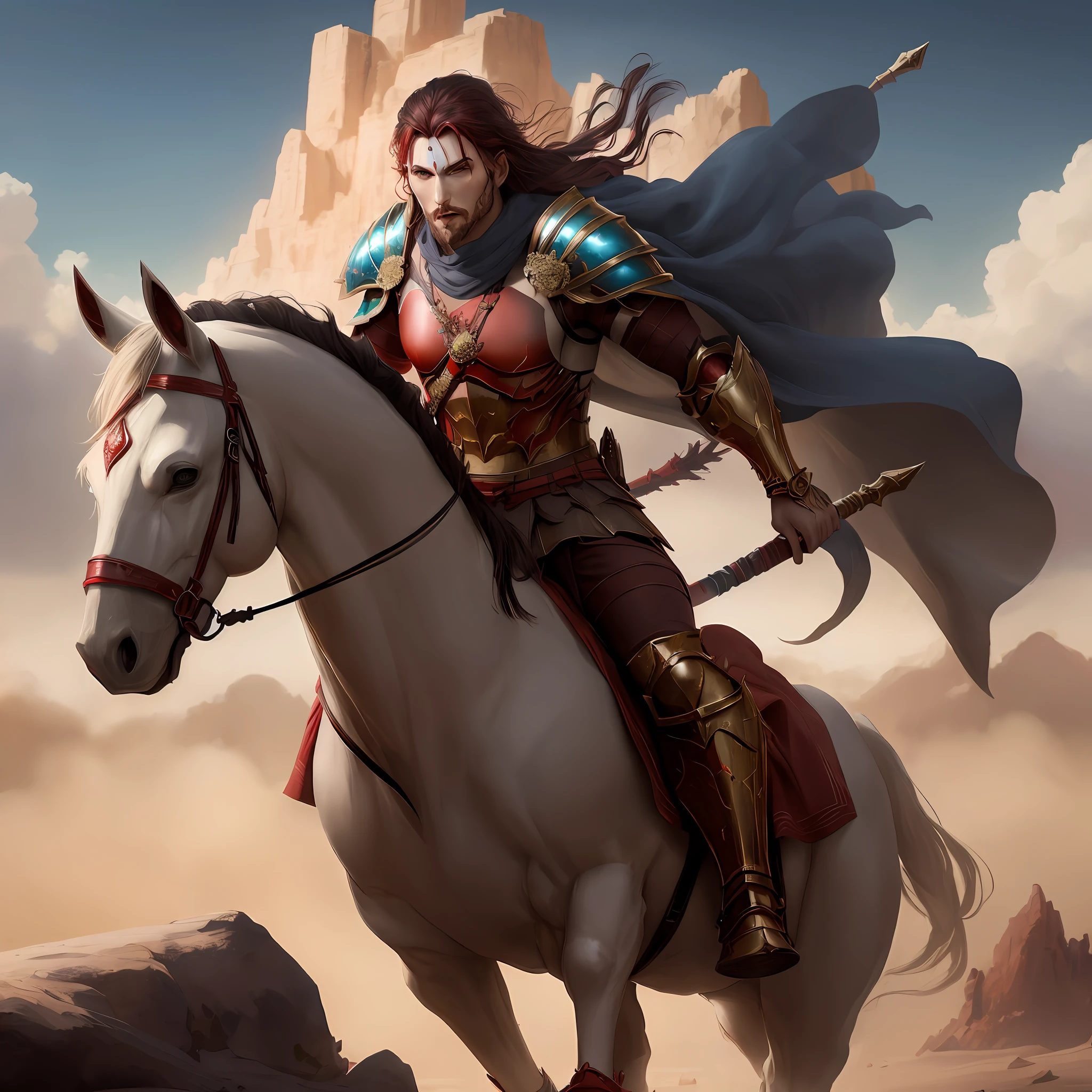 change into man face,shoulder armor colour change into red,change blue long dress into red dress,left hand holding long spear