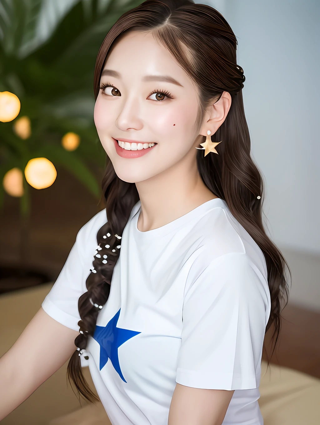 realistic photos of (1 cute Korean star) light makeup, medium breasts size, t-shirt and shorts, slightly smile, in Thailand, hair pulled back, hair beads, heart earrings, blurry foreground, Fujifilm, f/2.8, jpeg artifacts, UHD, high details, best quality, highres, 16k
