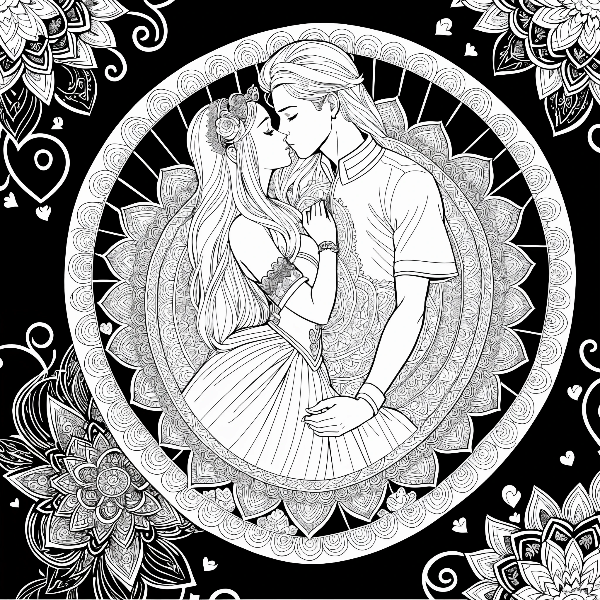 coloring pages for adults, bold lines, dark lines, valentine day, mandala couple, white background, clean line art, fine line art, fantasy, prince, princess, mandala hearts, kisses, romantic scenes, romantic hugs, wedding scenes, hot hugs