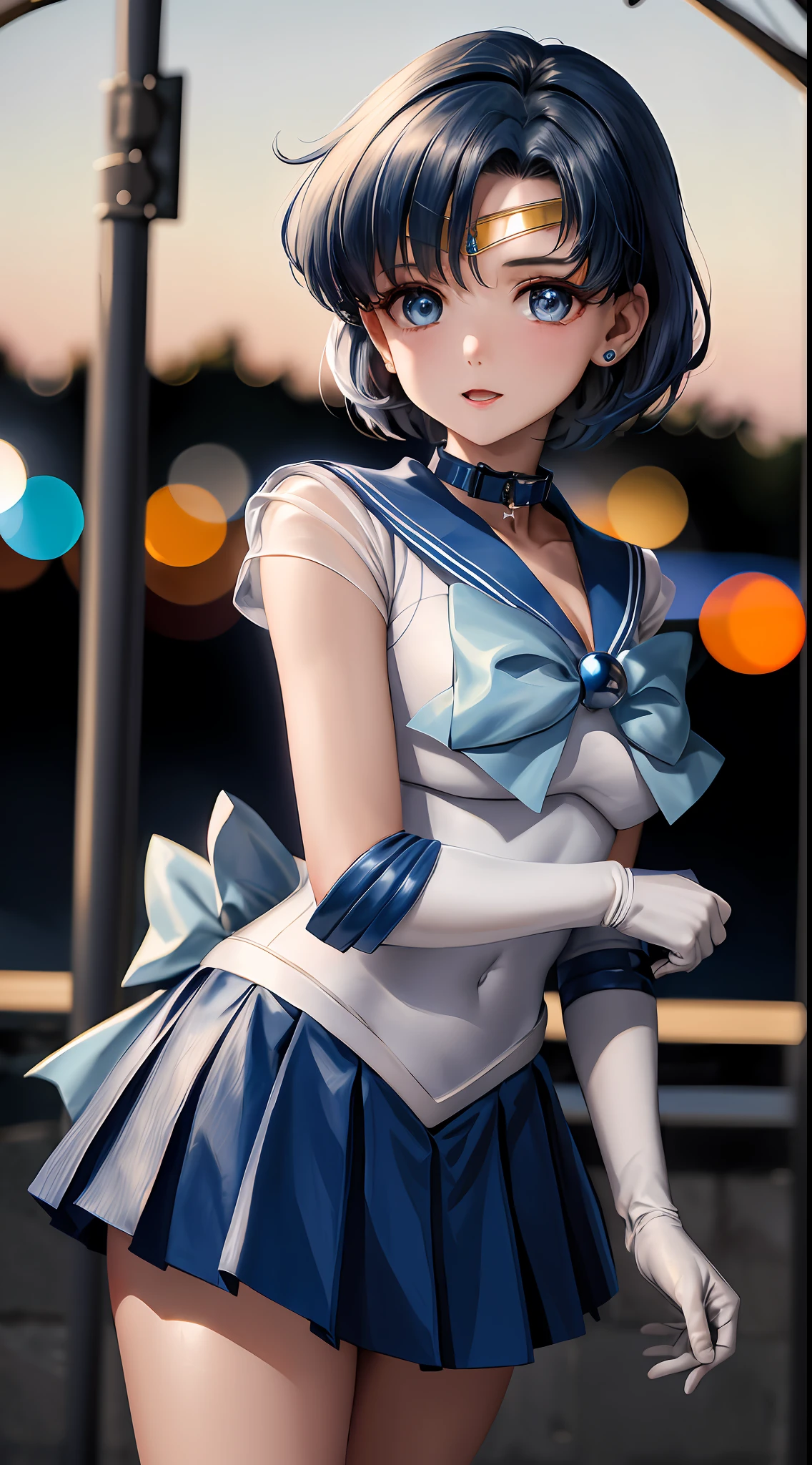 Masterpiece, Best Quality, High Resolution, Mer1, Headgear, Sailor Warrior Uniform, Blue Skirt, Blue Sailor Collar, Tiara, Bow, Knee-length Boots, Collar, White Glove, Blue Collar, Elbow Gloves, Jewelry, Earrings, Pleated Skirt, Denim Shooting, Outdoor, Bokeh (85mm Shot), Cartoon Outdoor
