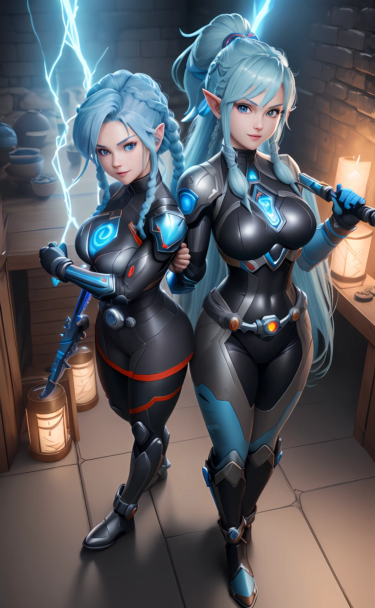 8k, Super Saiyan Ultra Instinct, Full Body Shot of Woman Wearing the Kamen Rider+Samus Aran Outfit in a Dungeon in Zelda Breath of the Wild, Blue Eyes, Blue Hair with Super Saiyan Braids, XL Bust, Unreal Engine 5, Anime, Game, masterpiece, looking at viewer, smiling, facing viewers, holding weapons.