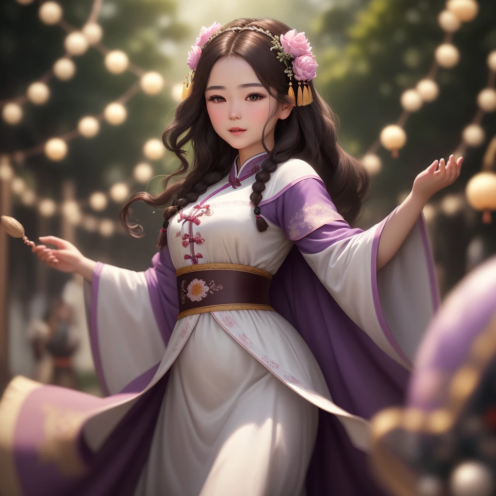 best quality, masterpiece, upper body, (background: garden), 1 girl, mature woman, Chinese style, ancient China, older sister, dancing girl, dark brown hair, dark hair, princess cut, braid, curly hair, double ball head, dish Hair, streamers, light pink lips, calm, intellectual, purple eyes, tassels, silver thread, beads, peonies, robes, cloaks, silk skirts, embroidery, delicate faces, close-ups of faces, close-ups of hands, light-colored clothes, beautiful face, realistic, rim lighting, duotone lighting, (high detail skin: 1.2), 8k uhd, dslr, soft light, high quality, volumetric lighting, photo, high resolution, 4k, 8k, bokeh