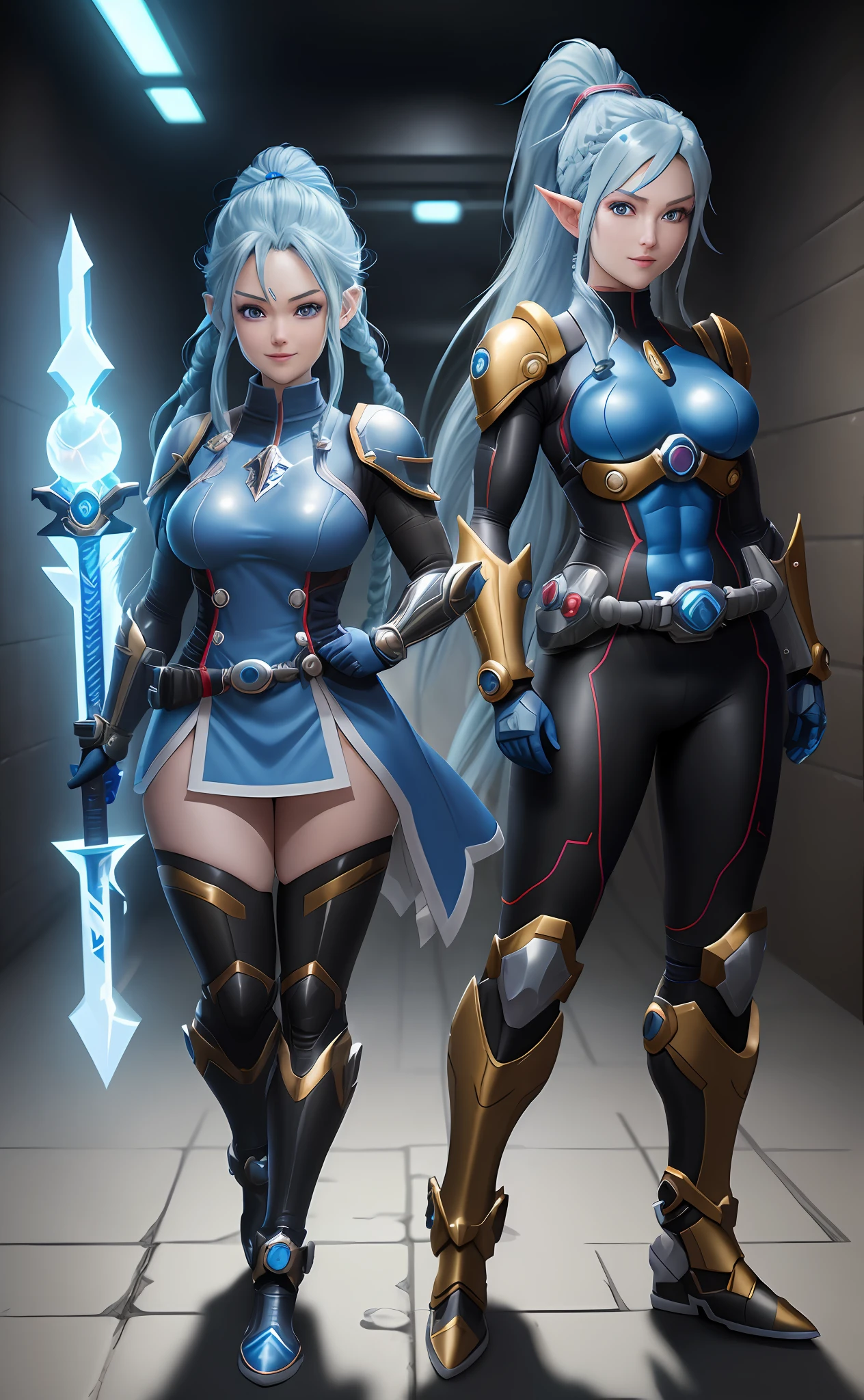 8k, Super Saiyan Ultra Instinct, Full Body Shot of Woman Wearing the Kamen Rider+Samus Aran Outfit in a Dungeon in Zelda Breath of the Wild, Blue Eyes, Blue Hair with Super Saiyan Braids, XL Bust, Unreal Engine 5, Anime, Game, masterpiece, looking at viewer, smiling, facing viewers, holding weapons.
