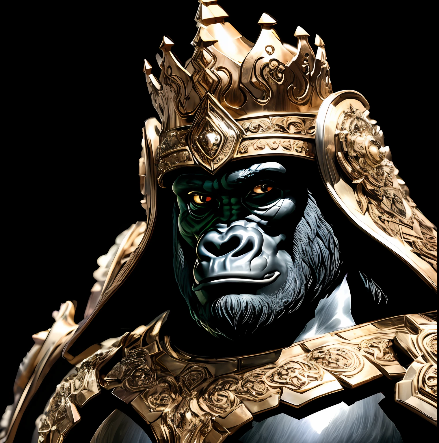 Imagine a magnificent gorilla with protruding muscles, exuding strength and power. The gorilla wears gleaming armor, made of polished metal and adorned with intricate engravings. The armor is designed to fit the gorilla's imposing physique, accentuating its muscular form. The helmet covers the top of the head, extending downward to cover the eyes, leaving the lower part of the face exposed. The helmet features a real design, incorporating ornate details and decorative elements. It could have a crown-like structure at the top, symbolizing the gorilla's status as the king of the gorilla kingdom. The gorilla's face exudes wisdom and authority, with a strong jaw and piercing eyes that demand respect.