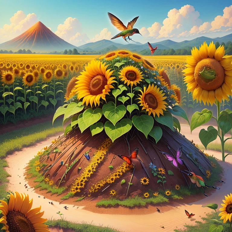 anthill with sunflower and hummingbird on it semirealistic fantasy