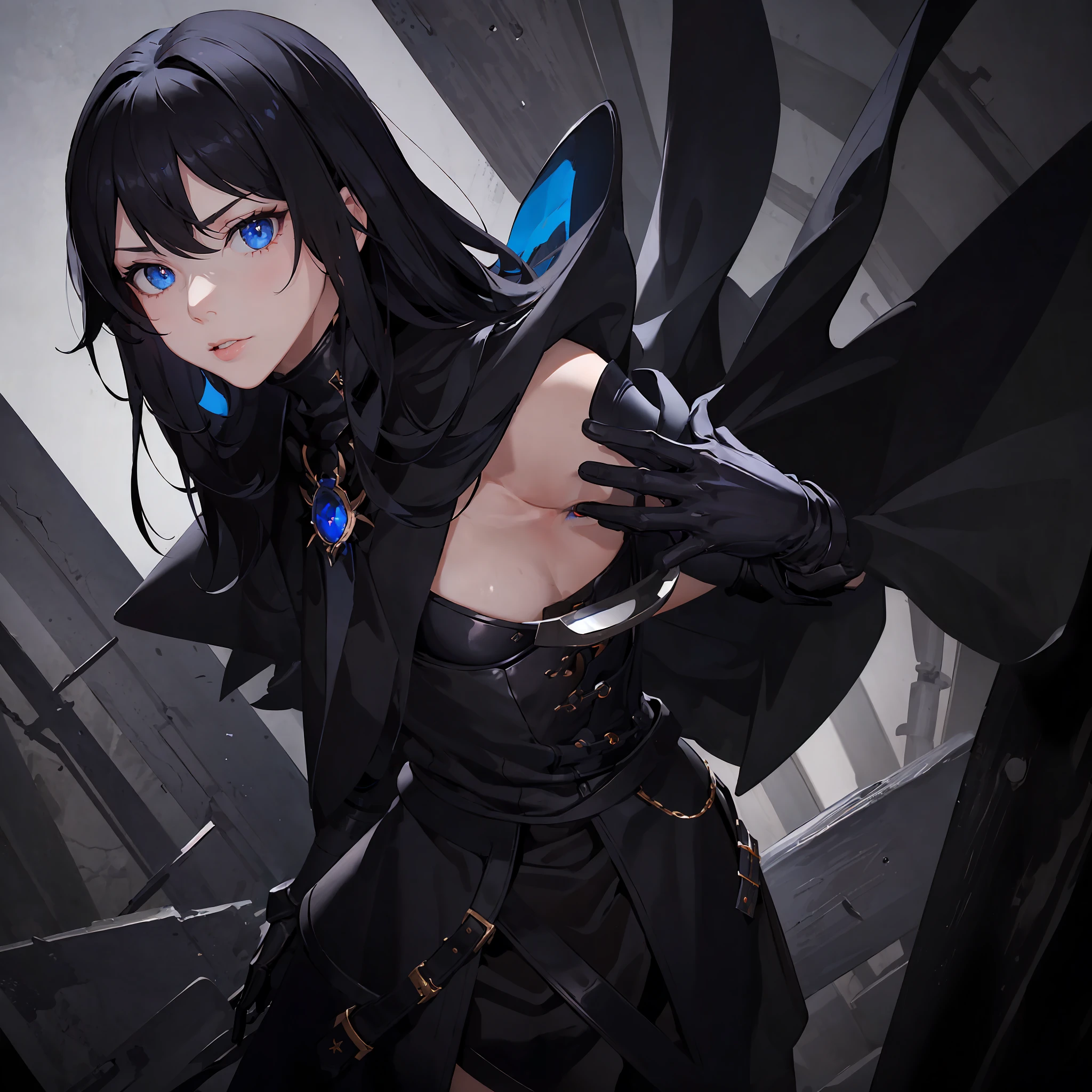 masterpiece, best quality, 1woman, adult, female focus, solo, medium black hair, vibrant blue eyes, gloves, hair between eyes, looking at viewer, cape, High quality metal texture, semi metal armor, closed mouth, black metalic gloves, upper body, bangs, high collar,(kbxll:0.6), Fantasy aesthetics, Highly detailed