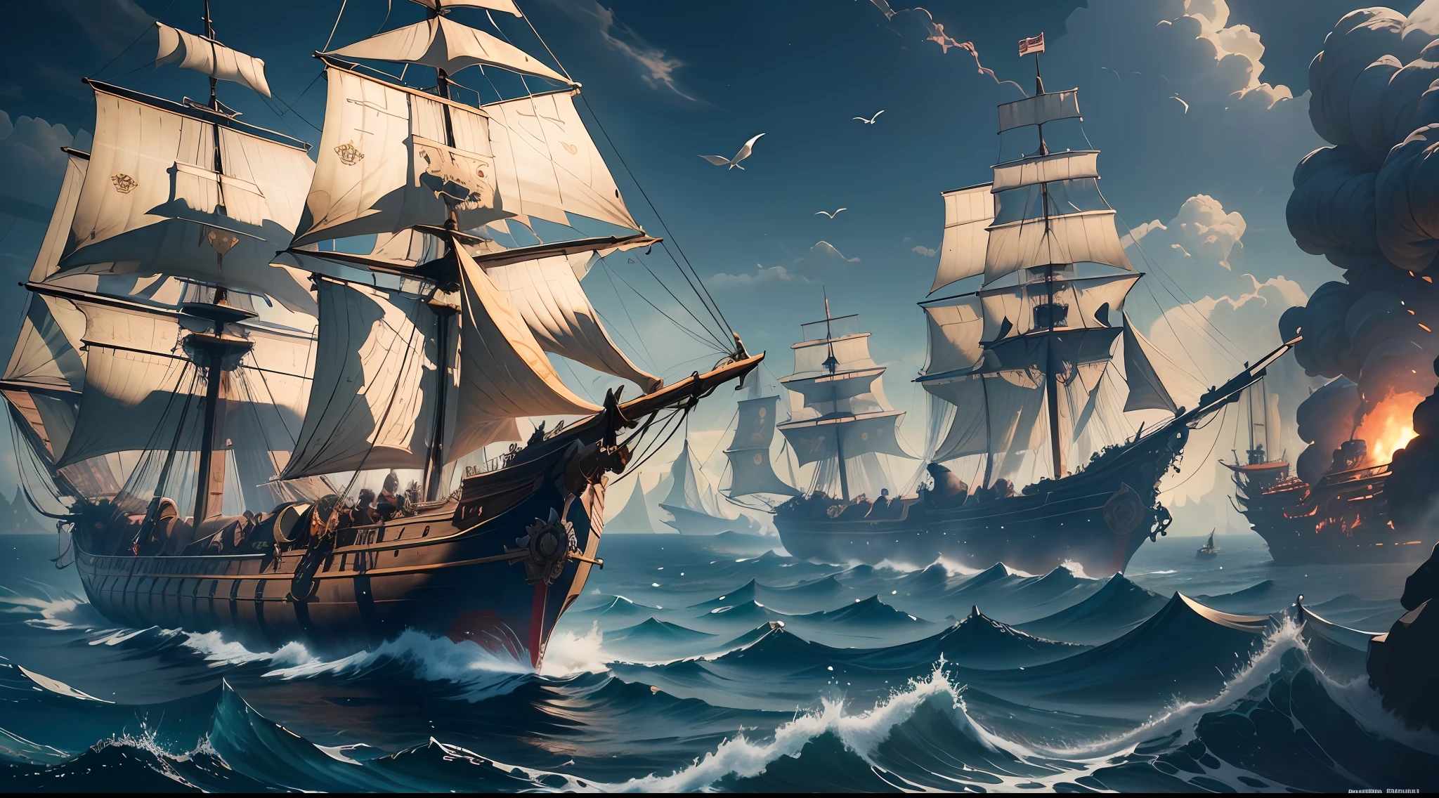 Masterpiece, best quality, (very detailed CG unit 8k wallpaper) (best quality), (best illustration), (best shadows) battle pirate ships shooting with cannons, inspired by assassins creed black flag, pirates, year 1800, ray tracing, sinister environment, ultra detailed, --v6