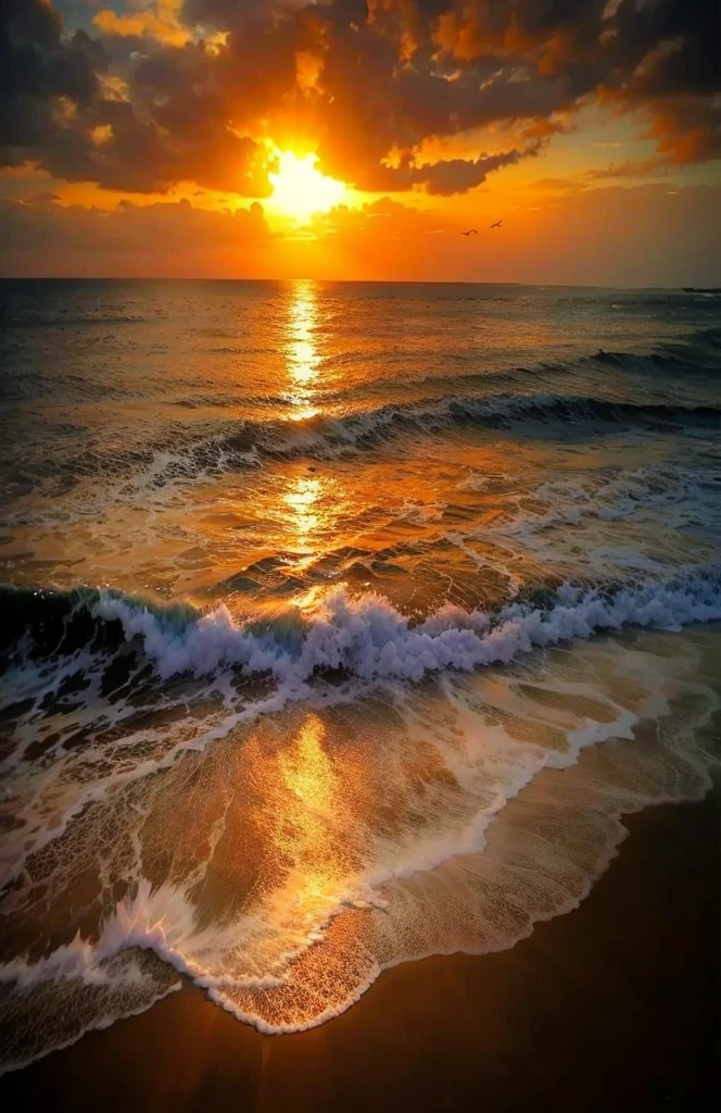 An absolutely mesmerizing sunset over the beach, with a blend of oranges, pinks, and yellows filling the sky. Crystal-clear waters of the sea gently kissing the shore, with sandy white beach stretching far and wide. The scene is dynamic and breathtaking, with seagulls soaring high in the sky and gently swaying palm trees. Take in the calming atmosphere and let the peacefulness wash over you.