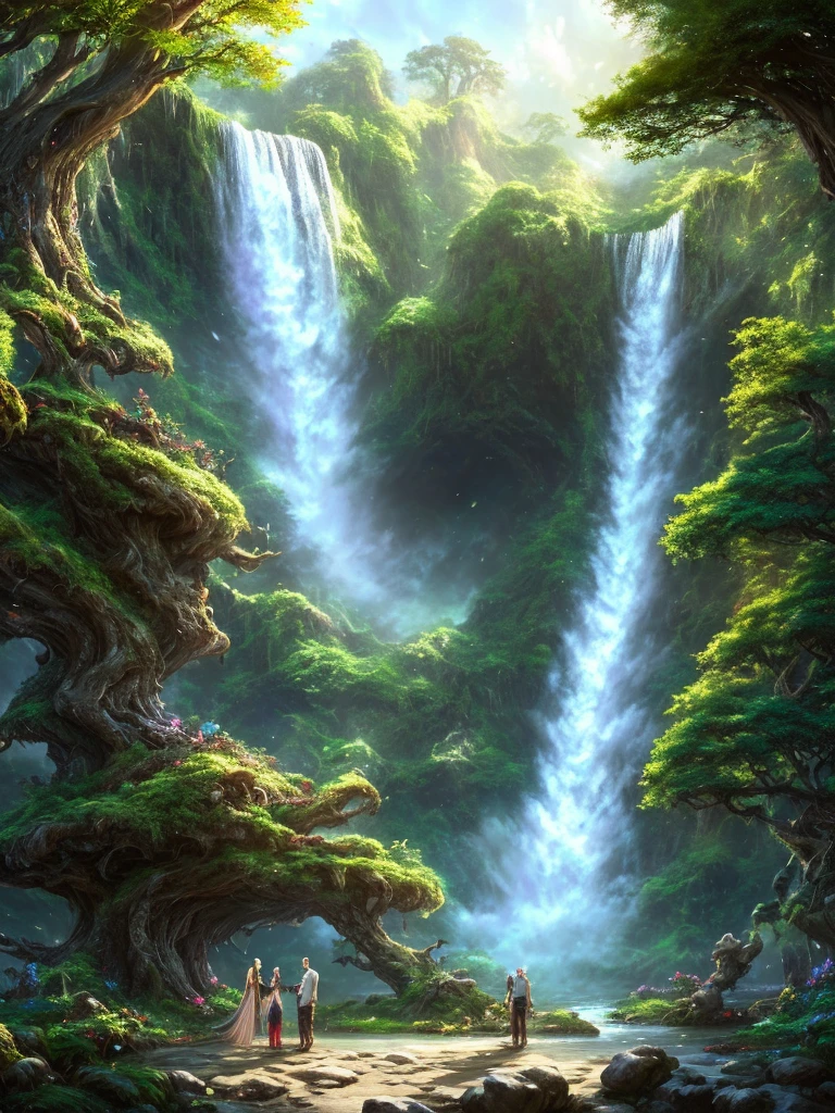 a man and woman standing in front of a tree with a waterfall, concept art by Arthur Pan, Artstation contest winner, fantasy art, fantasy tree, fantasy magical vegetation, 4k fantasy art, made of tree and fantasy valley, concept art wallpaper 4k, 8k fantasy art, 4 k resolution concept art, wide angle fantasy art, yggdrasil