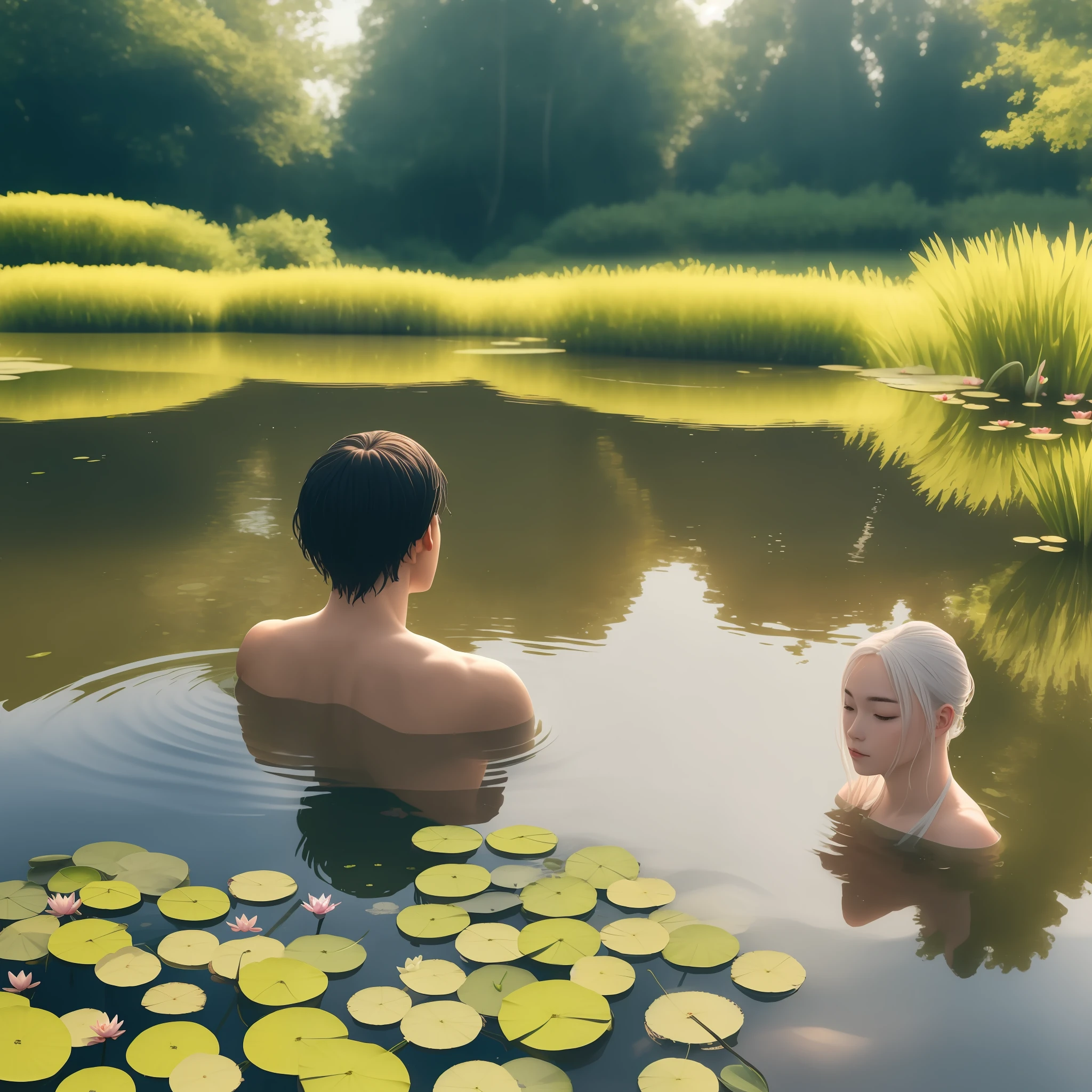 a man in a pond with lily pads in the water, in a pond, standing in a pond, floating in a powerful zen state, nymph in the water, sitting in a reflective pool, floathing underwater in a lake, sitting at a pond, in water up to her shoulders, the hair floats on the water, in a lake, in the water