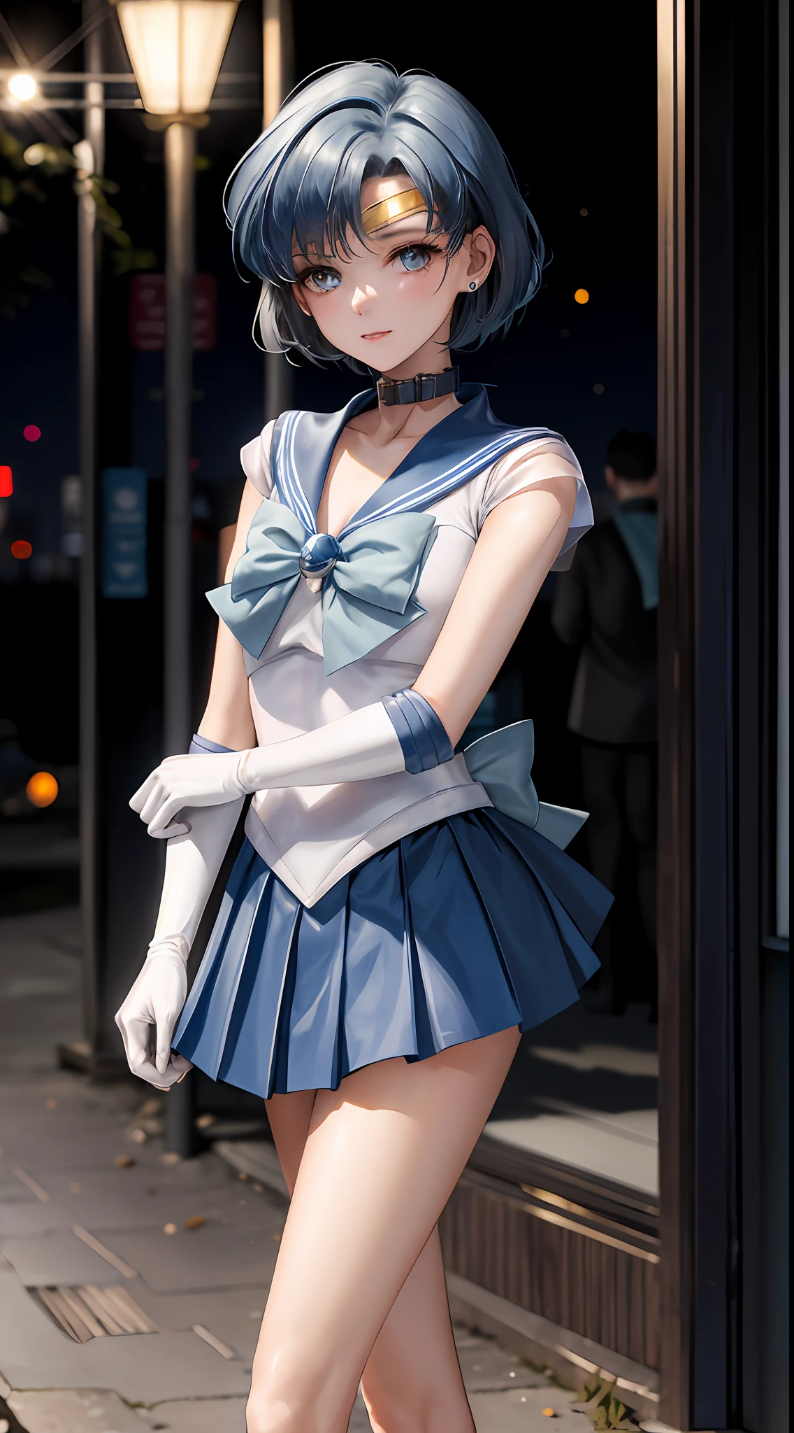 Masterpiece, Best Quality, High Resolution, Mer1, Headgear, Sailor Warrior Uniform, Blue Skirt, Blue Sailor Collar, Tiara, Bow, Knee-length Boots, Collar, White Glove, Blue Collar, Elbow Gloves, Jewelry, Earrings, Pleated Skirt, Denim Shooting, Outdoor, Bokeh (85mm Shot), Cartoon Outdoor