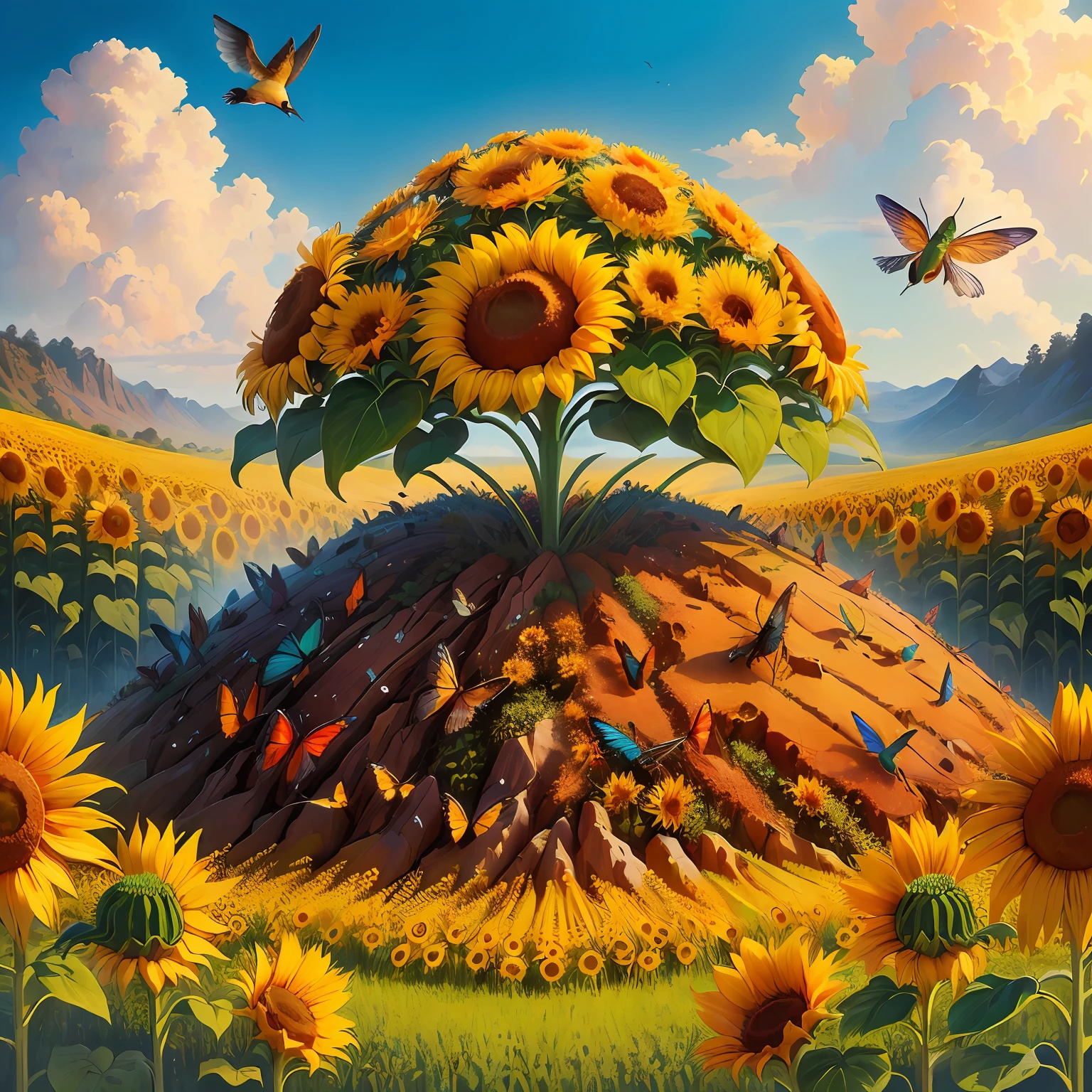 anthill with sunflower and hummingbird on it semirealistic fantasy