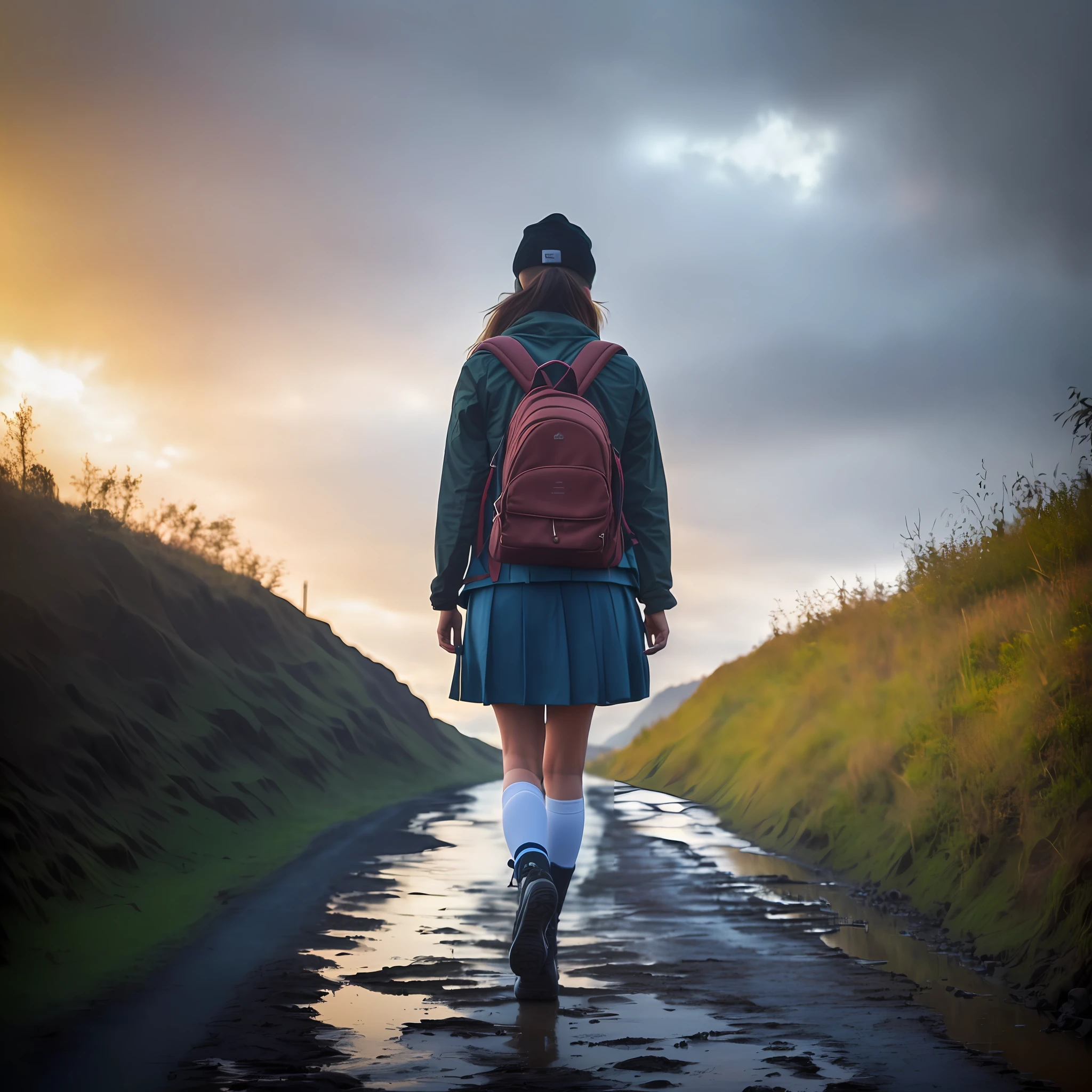 woman walking down a muddy road with a backpack, walking away from camera, walking away from the camera, walking away, teenage female schoolgirl, going forward to the sunset, a hyperrealistic schoolgirl, girl walking on mountain, walking towards camera, erik johansson style, she is walking on a river, about to step on you, standing in road