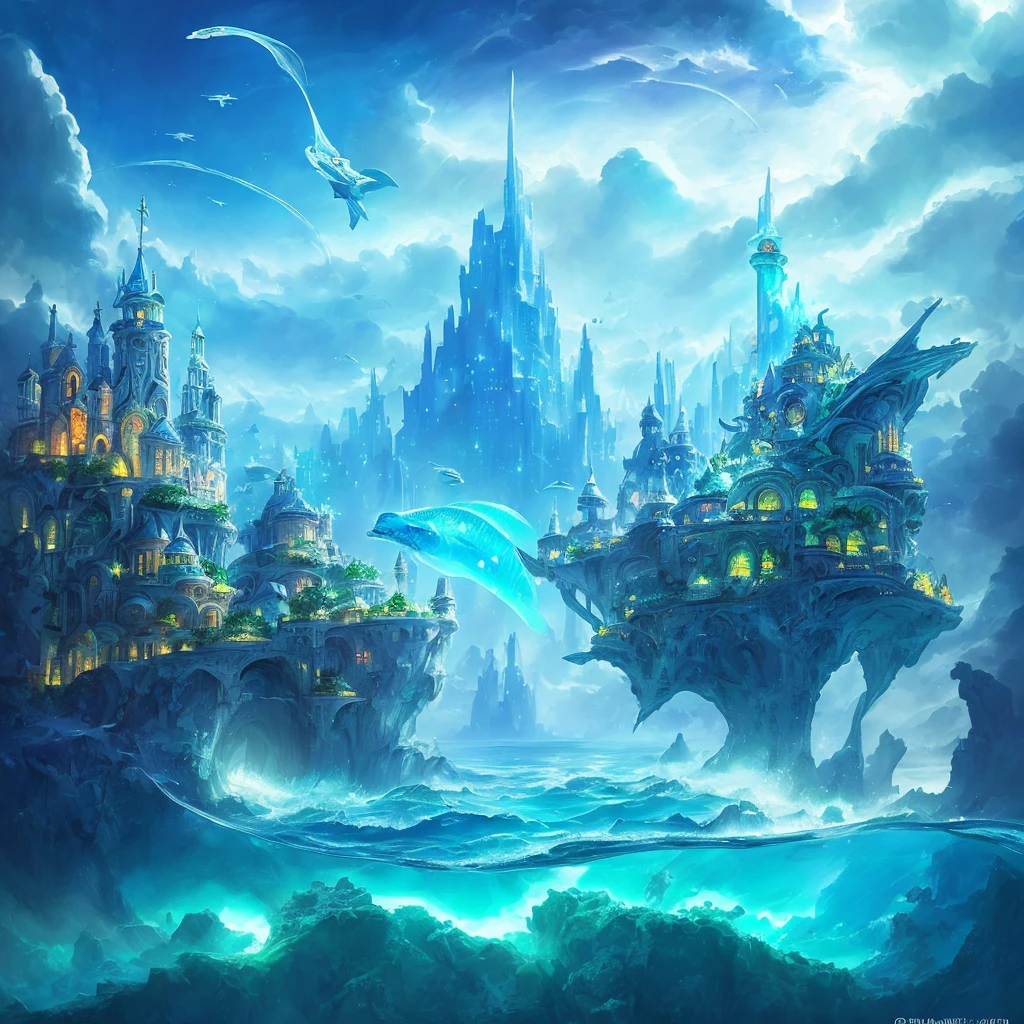 /imagine prompt: An awe-inspiring city, the realm of Atlantis, with its futuristic fish-like inhabitants, soaring above the sea level. This scene is captured in a vivid watercolor painting, reminiscent of the dreamy works of Leonid Afremov, drenched in ethereal colors. The city's citizens, technologically advanced and adorned in futuristic attire, traverse the skies in their flying vehicles. The palette embraces cool blues and greens, mirroring the depths of the ocean, while warm accents add a touch of otherworldly luminescence. The characters display a sense of wonder and curiosity, their expressions hinting at the marvels of their underwater origins. The lighting casts a gentle glow, illuminating the scene with a magical aura.
--v 5 --stylize 1000
