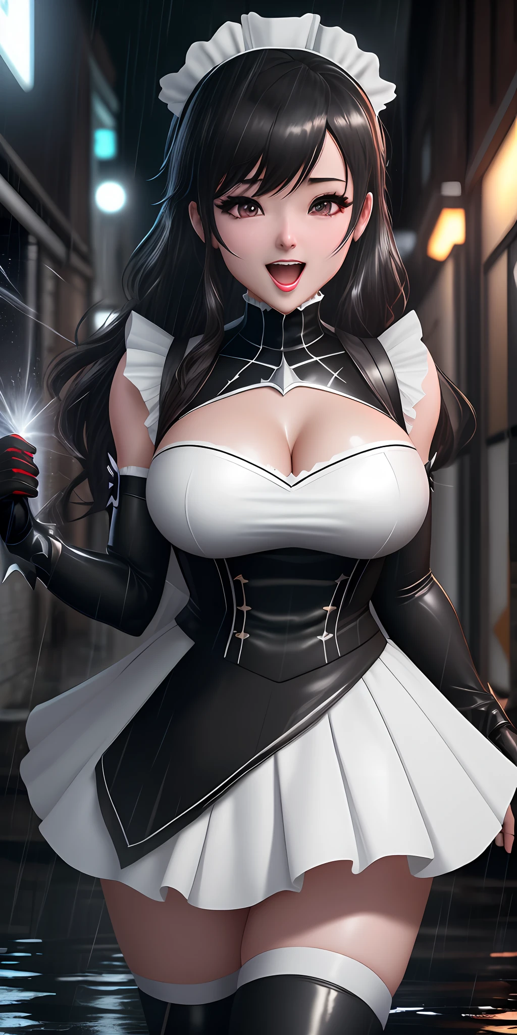 8k, best quality, best resolution, Unreal engine 5, Anime style, Body shot, 30 year old woman, as a maid in black costume with white skirt+Batman+Spiderman,BG: Dark alley with heavy rain and flooding, looking at the spectator, open mouth, macabre smile