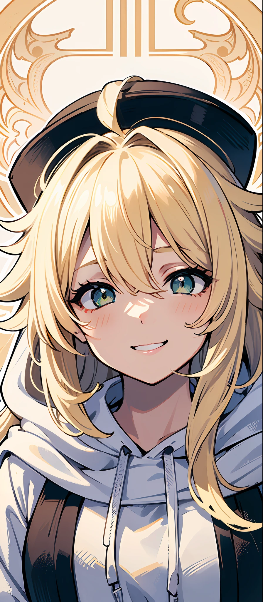 ((masterpiece, illustration, strong outlines 1girl, solo, sharp focus, 8k, ultra-detailed)), (blonde beige hair:1.3), loli, small breasts, smile, happy, long hair, very long hair, (long hair bangs, bangs over the eyes, hair over the eyes, messy hair, asymmetrical hair:1.3), green eyes, dark green eyes, selfie, portrait, face focus, (oversized hoodie, white monochrome hoodie:1.3), cute, digital art, beautiful, perfection, ((transparent background, monochrome background))