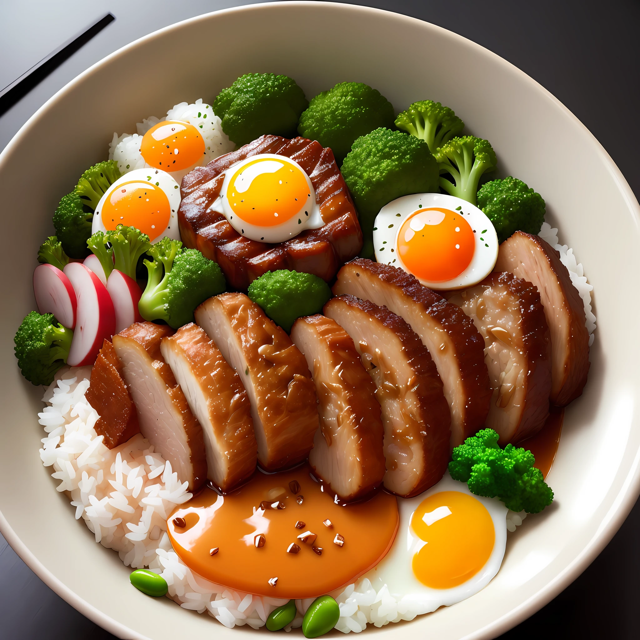 Dog eating, animation, high quality, high resolution, rice bowl, fried egg, braised pork, diced radish, beans, rice, broccoli