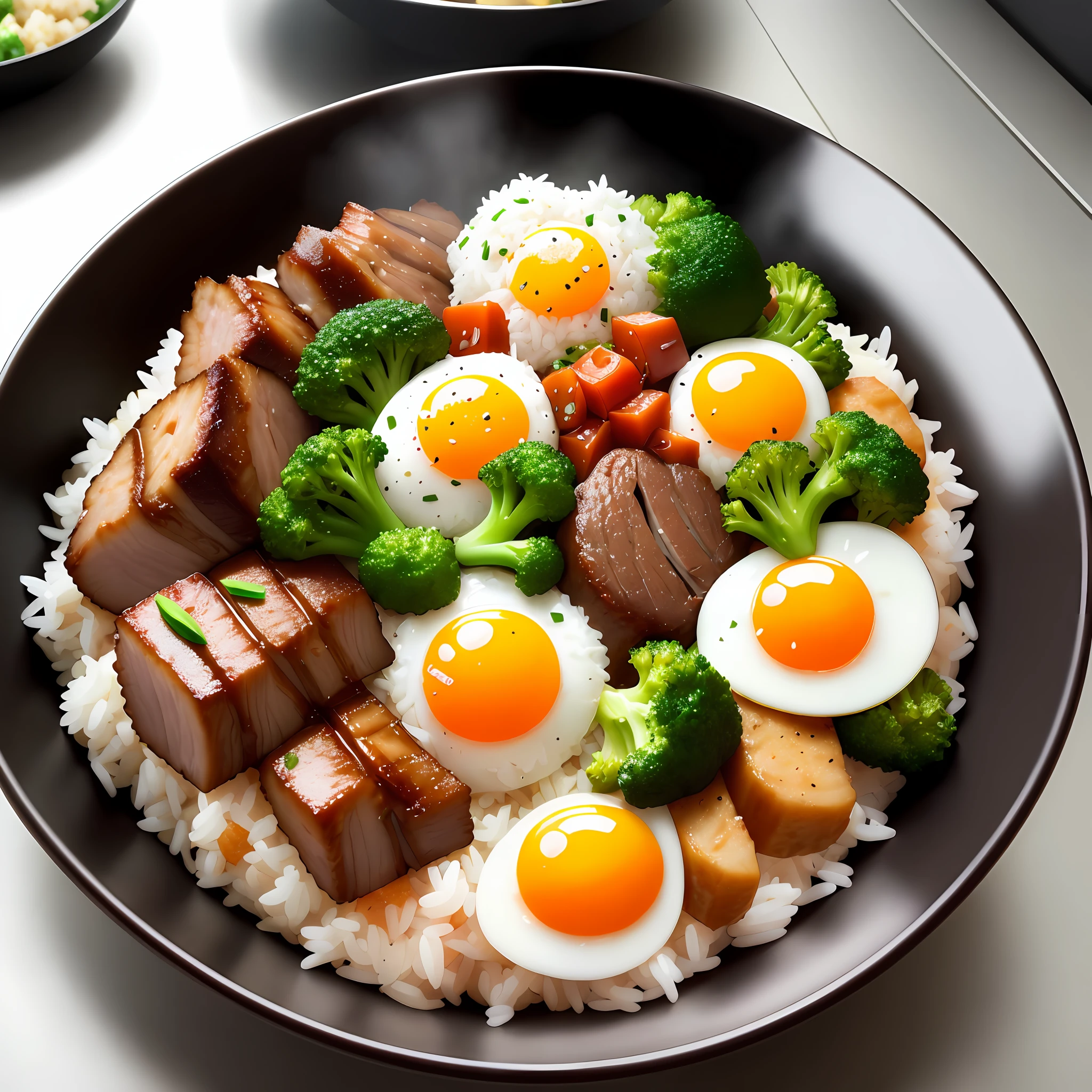 Dog eating, animation, high quality, high resolution, rice bowl, fried egg, braised pork, diced radish, beans, rice, broccoli