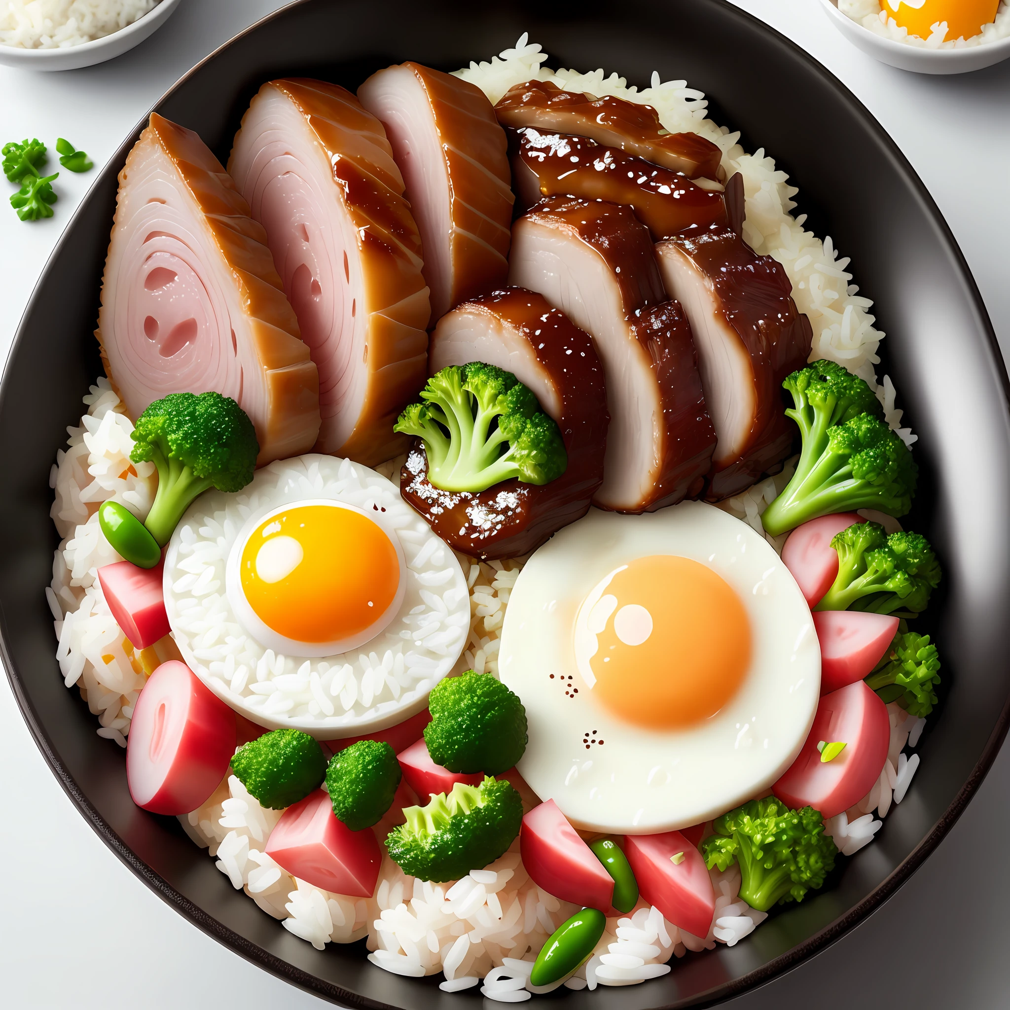 Dog eating, animation, high quality, high resolution, rice bowl, fried egg, braised pork, diced radish, beans, rice, broccoli