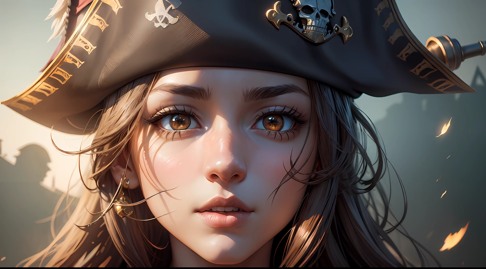 Masterpiece, best quality, (very detailed CG unit 8k wallpaper) (best quality), (best illustration), (best shadows) 1girl, pirate, pirate hat, cute, pirate captain's outfit, year 1800, Ray tracing, sinister environment, ultra detailed, --v6