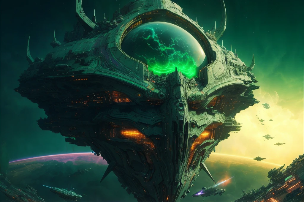 Massive starship in the shape of an elfin head representing the Immanentization of the Eschaton, Armageddon, Revelations mandelbulber texturing of multiple modular layered metal and ceramic overlays, dropping from orbit, glowing light-purple plasma energy field surrounds it, entering upper atmosphere, sci fi, epic, suspense, cinematic, hyper detailed, hyper realistic, 8k