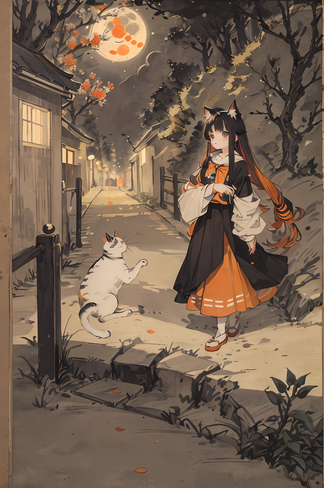 ultra detailed tricolor cat,orange,cute,big eyes,masterpiece,full moon,alley,cherry trees
