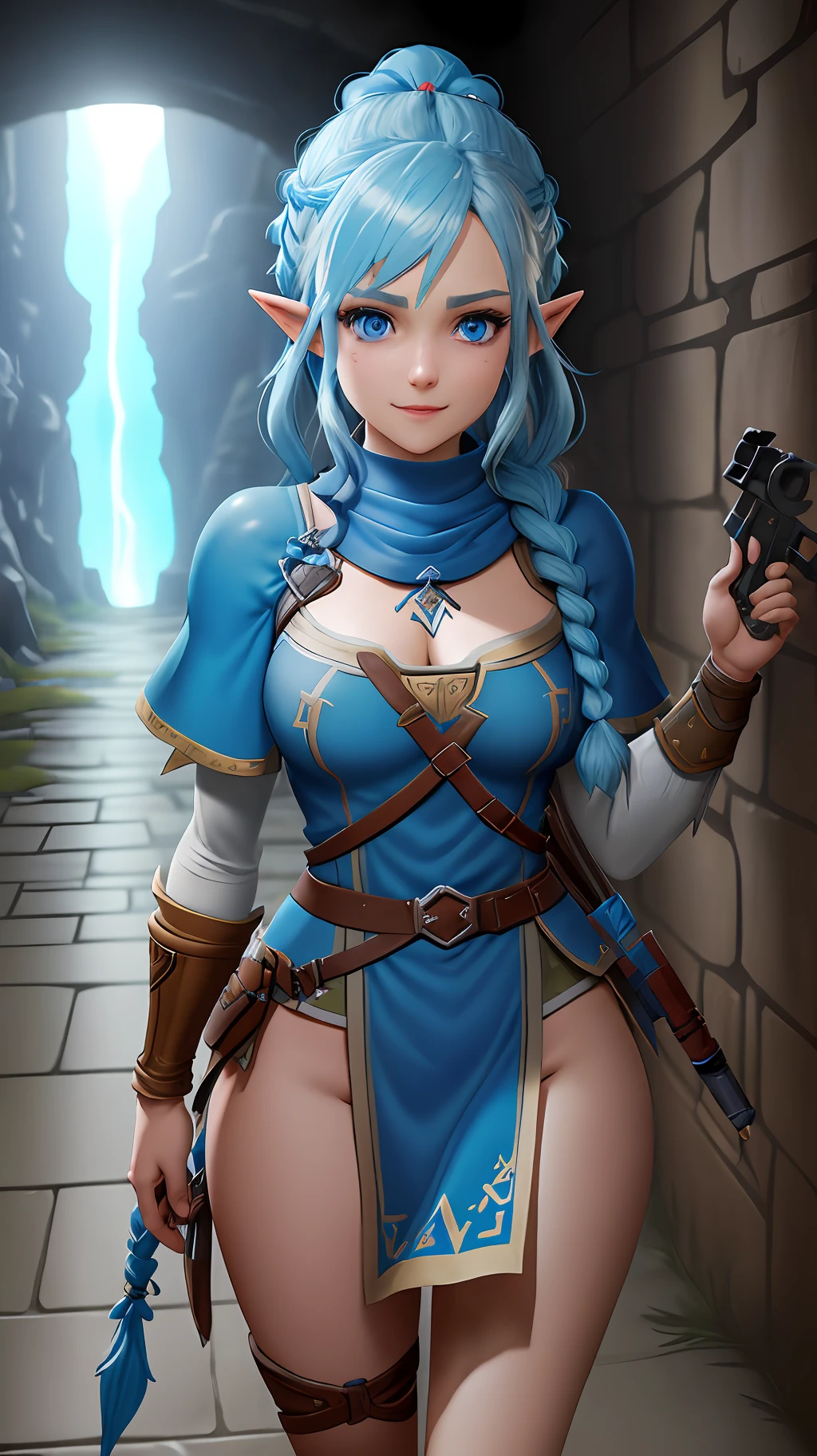 8k, full body shot of woman in a Dungeon in zelda breath of the wild, blue eyes, blue hair braided hair, XL bust, Unreal engine 5, Anime, Game, masterpiece, looking at viewer, smiling, de facing spectators, holding guns.