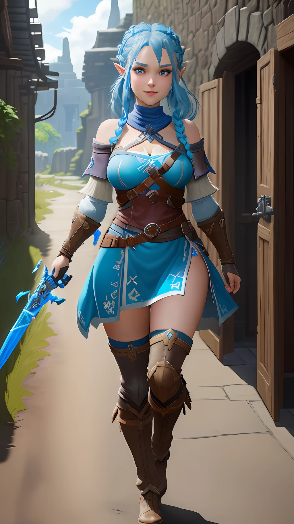 8k, full body shot of woman in a Dungeon in zelda breath of the wild, blue eyes, blue hair braided hair, XL bust, Unreal engine 5, Anime, Game, masterpiece, looking at viewer, smiling, de facing spectators, holding guns.