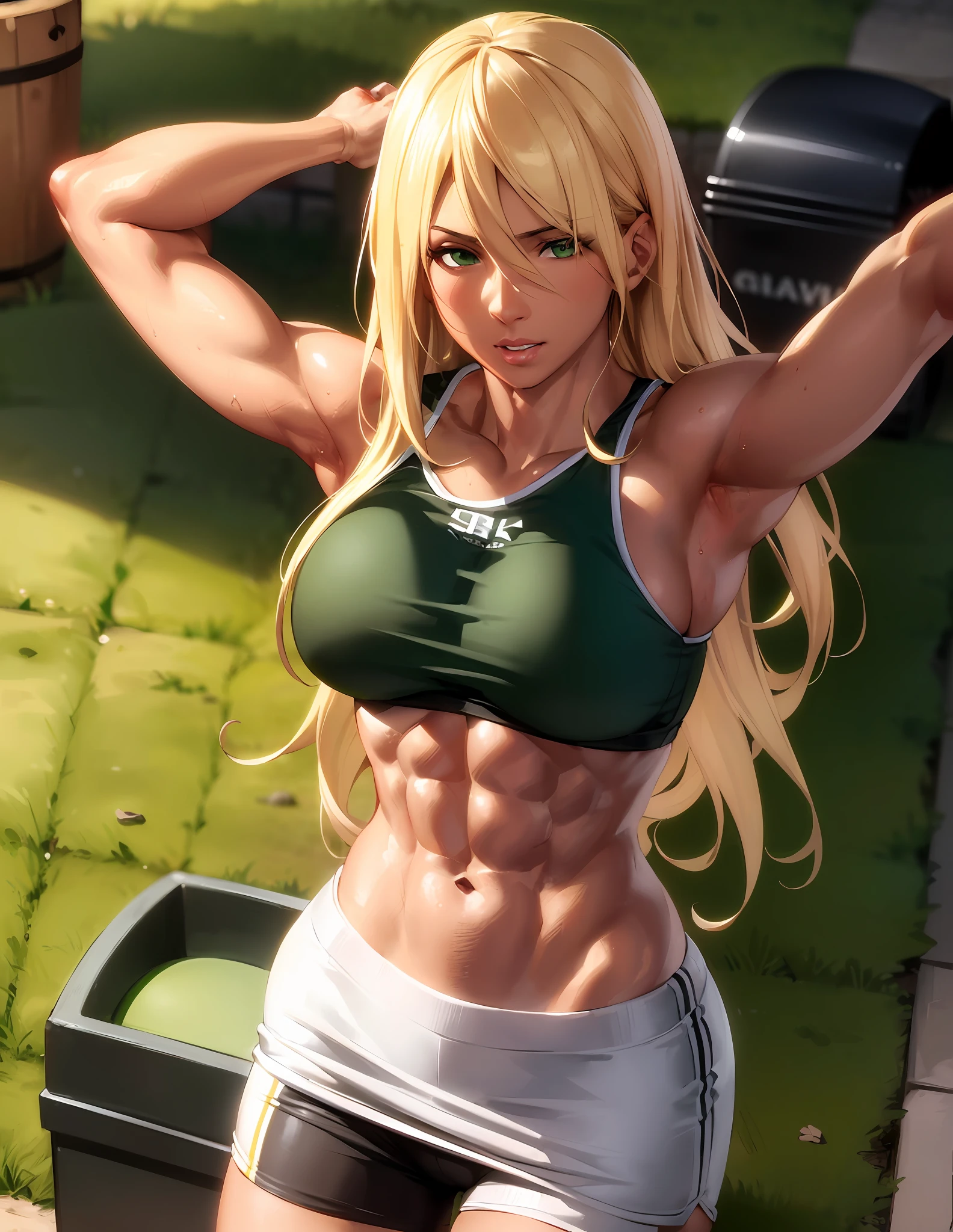 "Masterpiece, high quality, detailed, high resolution, 4k, 8k, realistic skin texture, amazing shadows, perfect lighting, hyper-realistic." A woman (blonde hair, tanned white skin, toned abs, green eyes), loose gym clothes, kicking a trash can, dirty detailed city on background