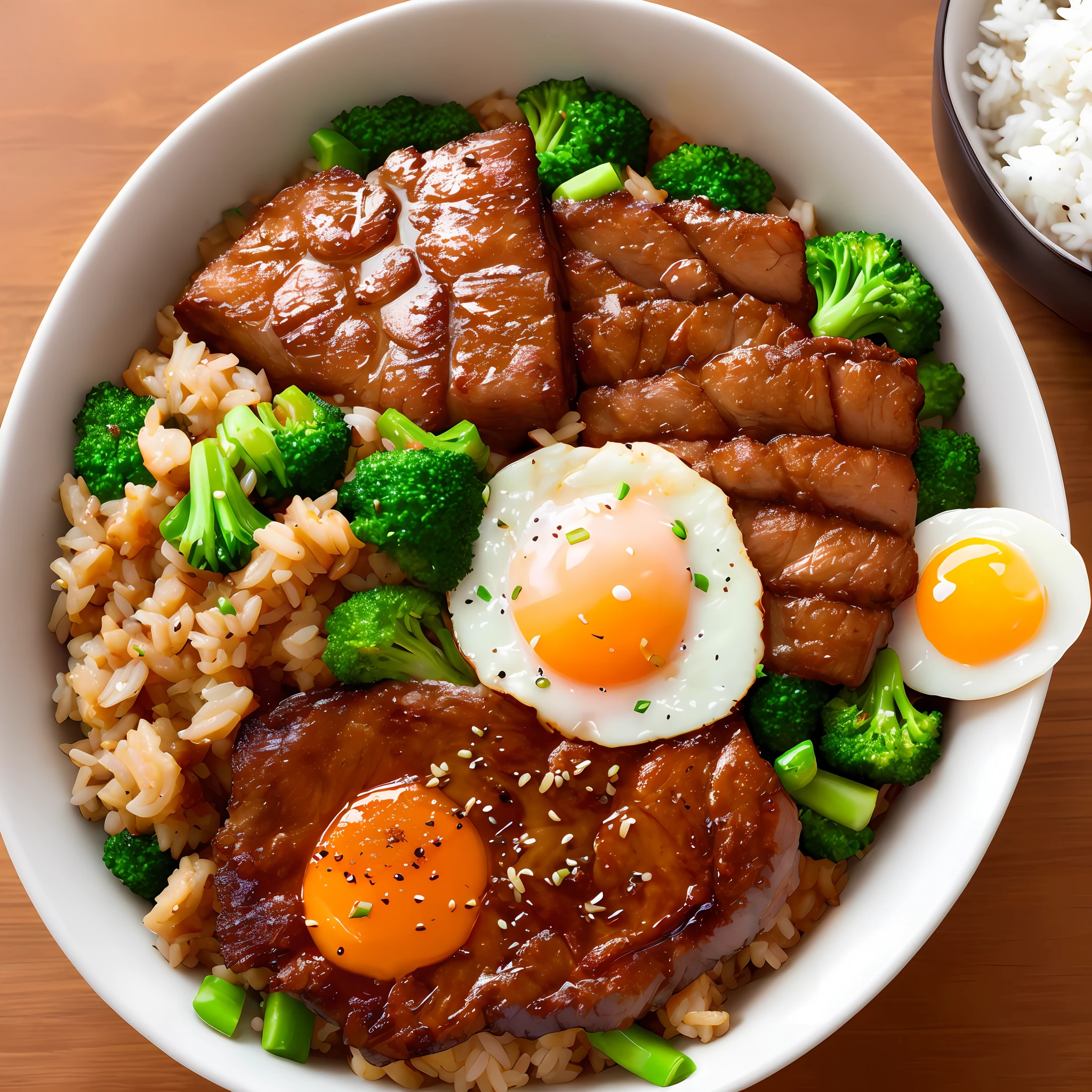 Dog on the side, animation, high quality, high resolution, rice bowl, fried egg, braised pork, diced radish, beans, rice, broccoli