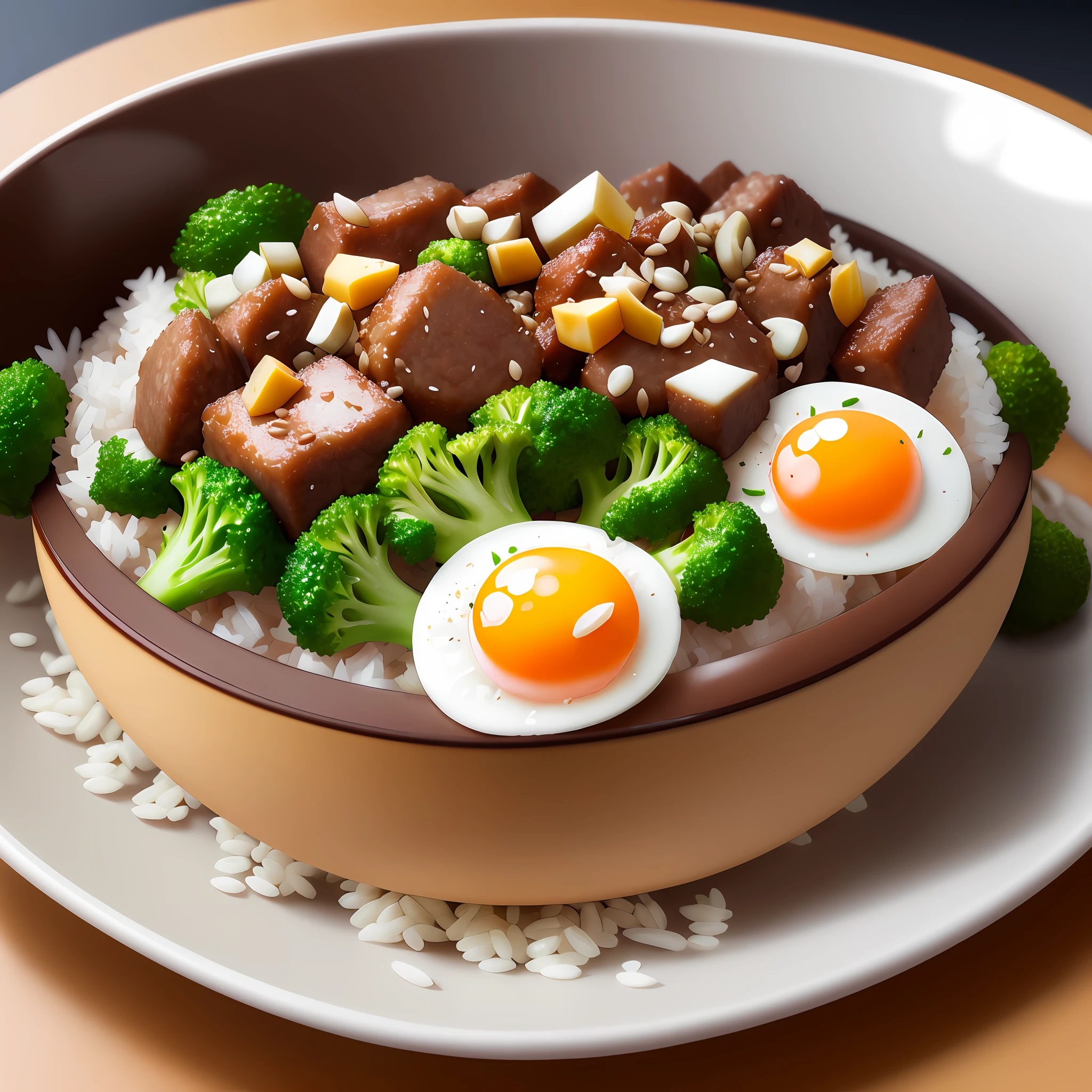 animation, high quality, high resolution, dog eating, rice bowl, fried egg, minced meat, radish cut into small cubes, grains, rice, chopped broccoli
