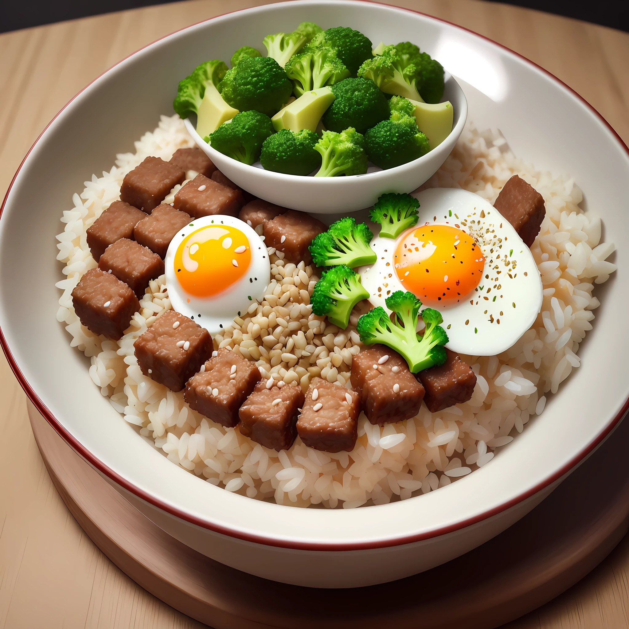animation, high quality, high resolution, dog eating, rice bowl, fried egg, minced meat, radish cut into small cubes, grains, rice, chopped broccoli