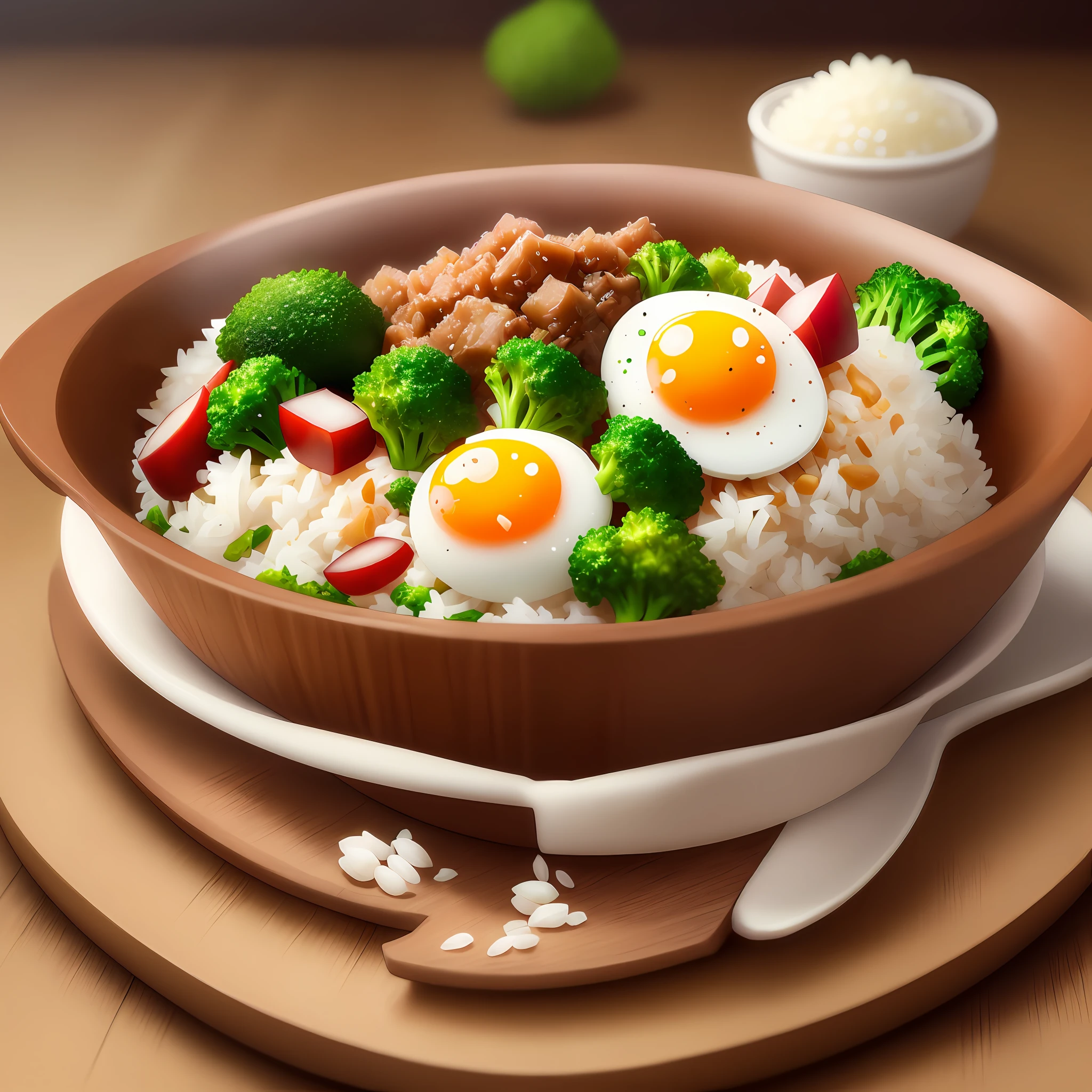 animation, high quality, high resolution, dog eating, rice bowl, fried egg, minced meat, radish cut into small cubes, grains, rice, chopped broccoli