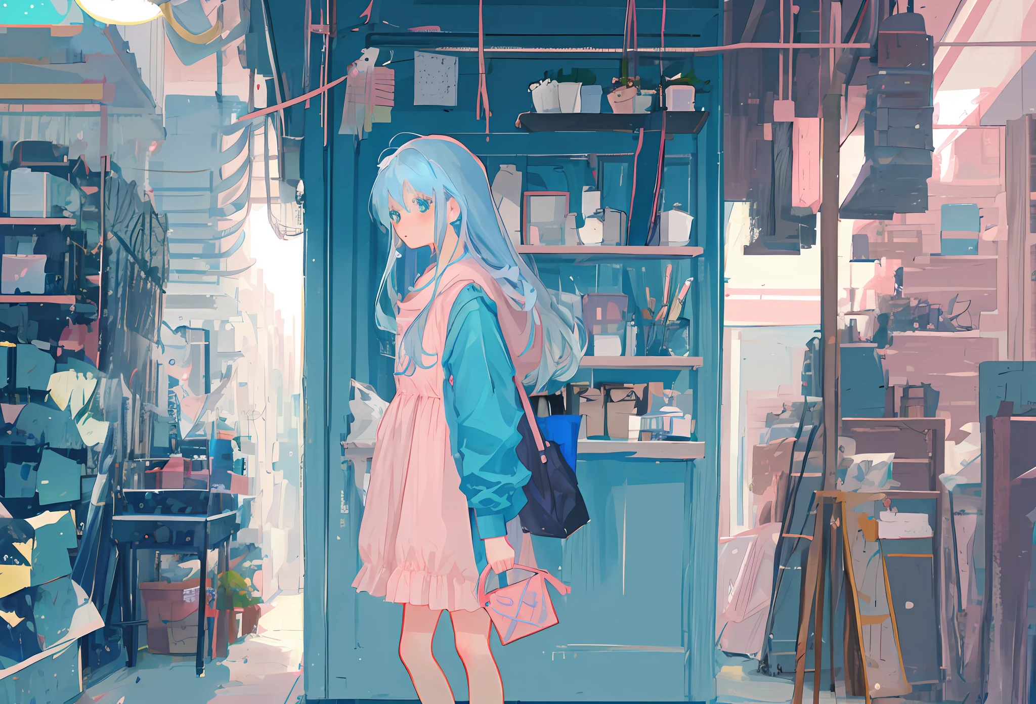 A girl with light blue long hair wearing a soft pink colour clothes, holding a diary, worried face