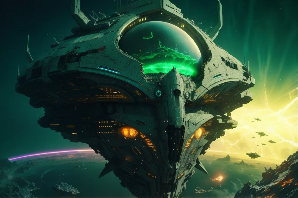 Massive starship in the shape of an elfin head representing the Immanentization of the Eschaton, Armageddon, Revelations mandelbulber texturing of multiple modular layered metal and ceramic overlays, dropping from orbit, glowing light-purple plasma energy field surrounds it, entering upper atmosphere, sci fi, epic, suspense, cinematic, hyper detailed, hyper realistic, 8k