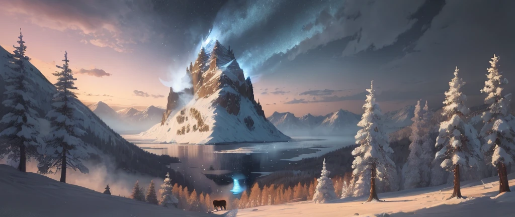 There is a glowing elk on the lake, cinematic art lights