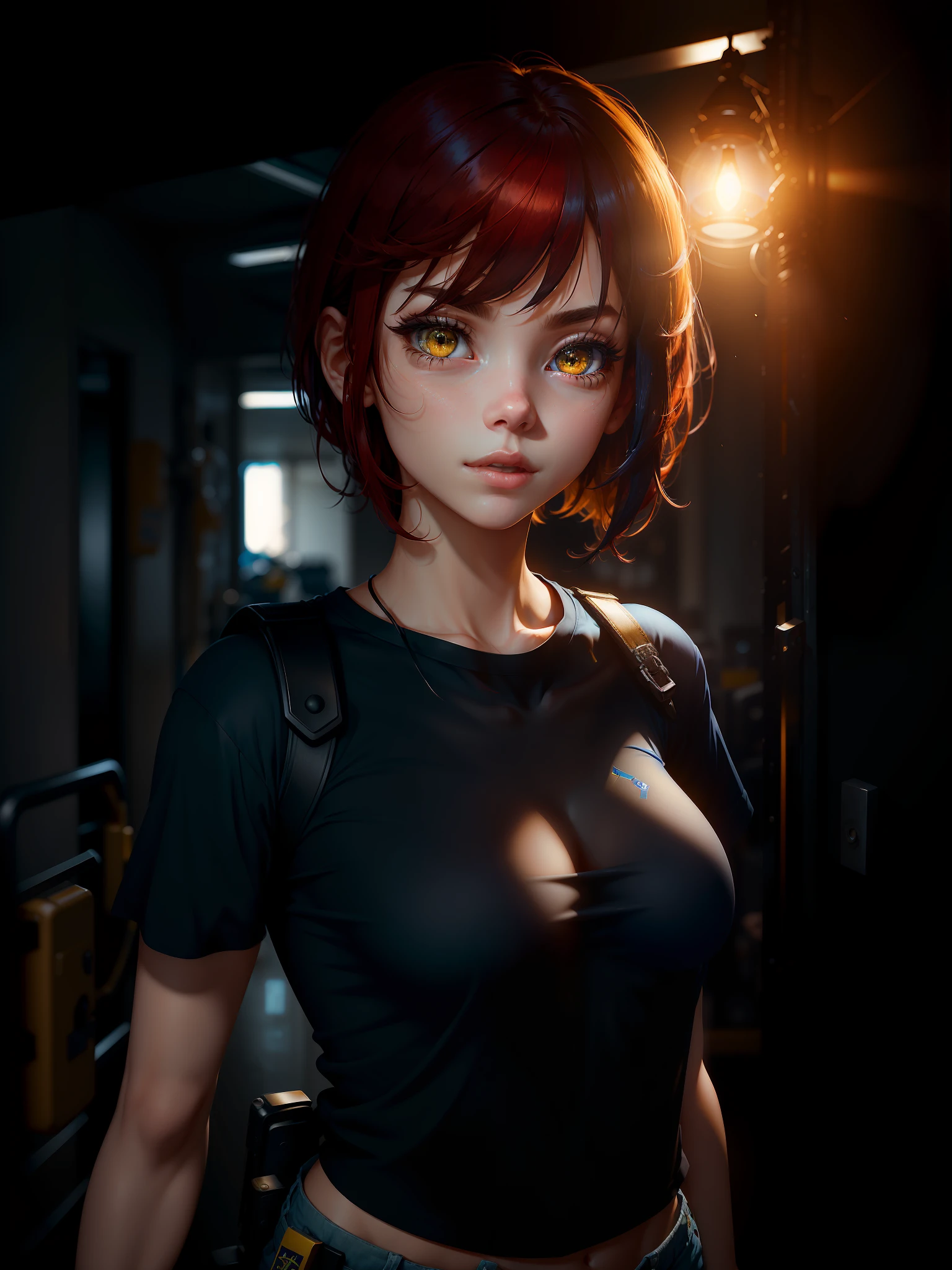 1girl, dressed in a white T-shirt over a police office blue shirt, (police pants), ((police uniform)), black shoes, 25 years old, ((beautiful extremely detailed face)), (adult face), 8k, (((masterpiece)), (((extremely high resolution))), (UHD))), (realistic), (difficulty 1.4), bright red hair, styled hair, square, short hair, detailed, clear, beautiful, extremely detailed bright yellow eyes, long asymmetrical bangs, thin, slim,