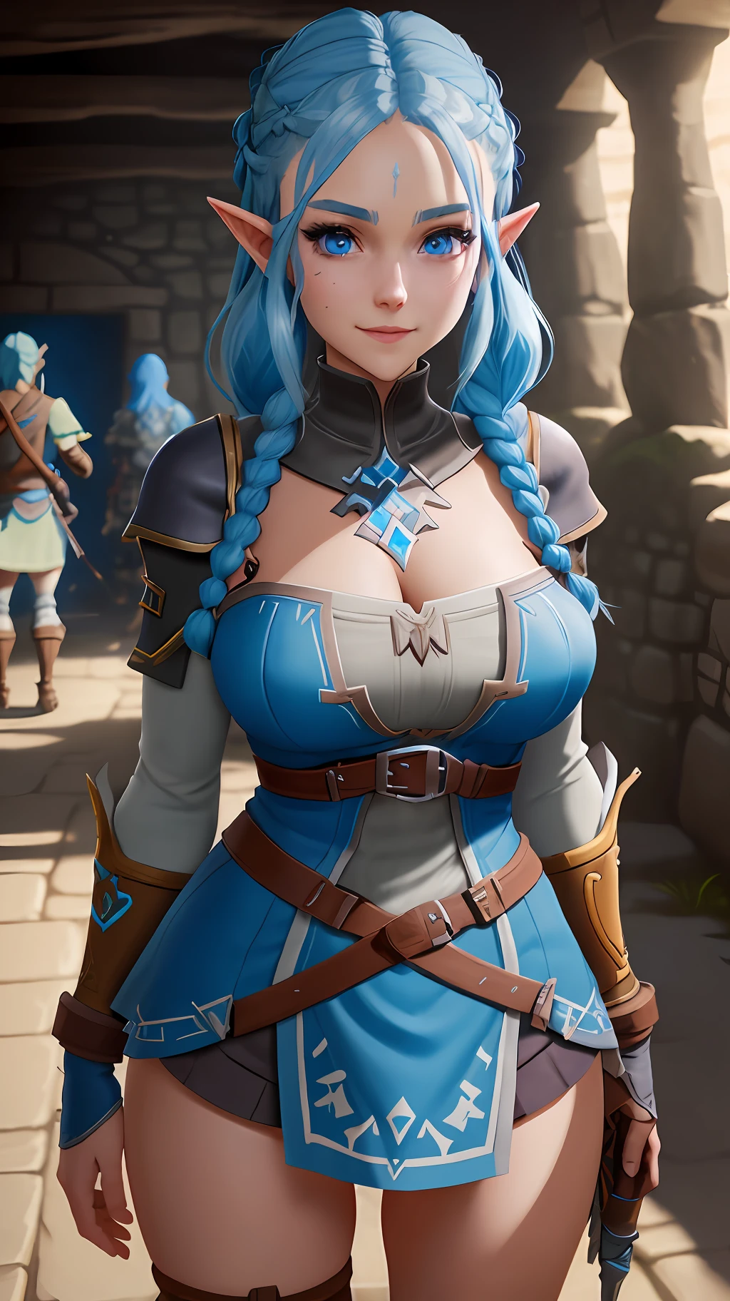 8k, full body shot of woman in a Dungeon in zelda breath of the wild, blue eyes, blue hair braided hair, XL bust, Unreal engine 5, Anime, Game, masterpiece, looking at viewer, smiling, de facing spectators, holding guns.