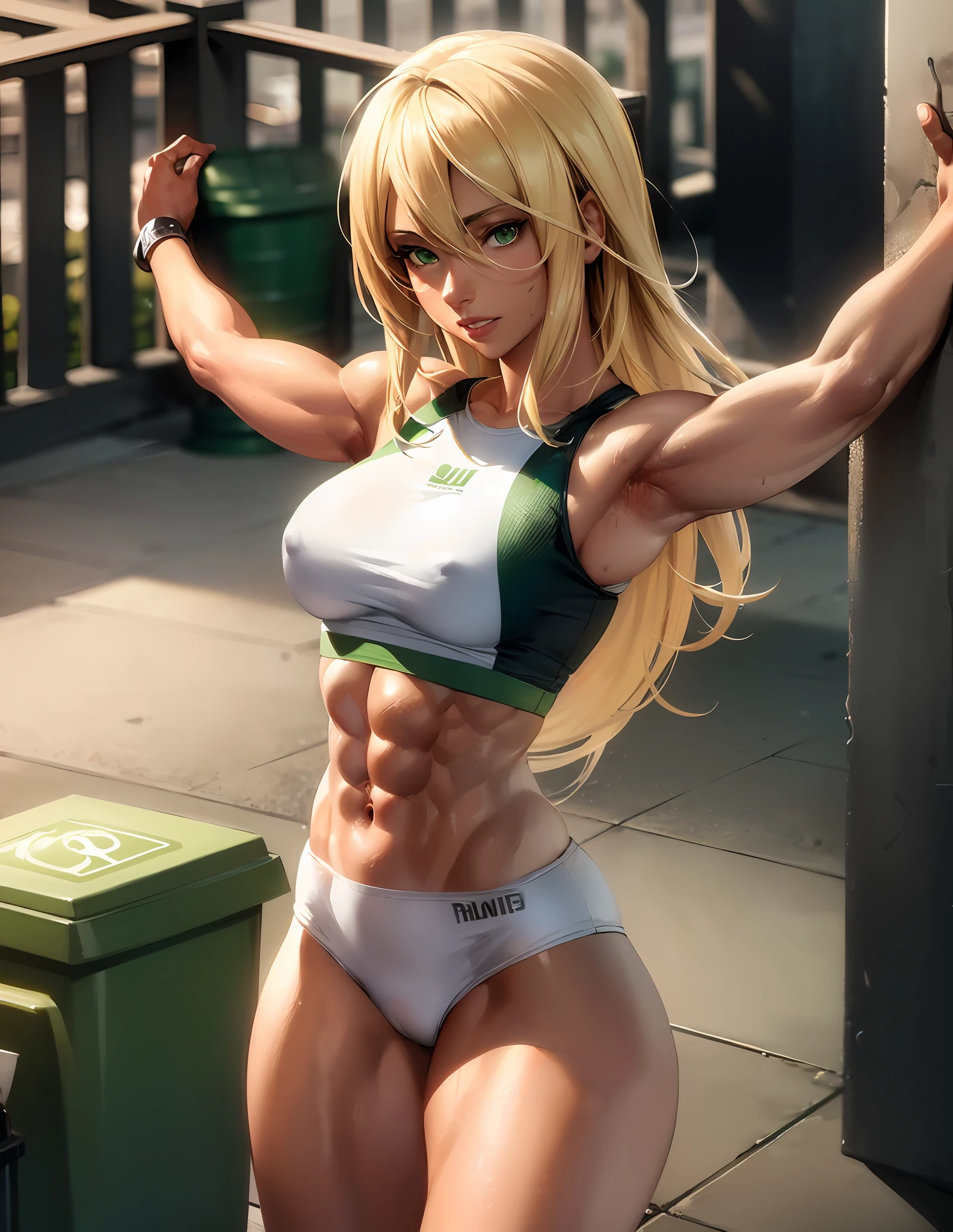 "Masterpiece, high quality, detailed, high resolution, 4k, 8k, realistic skin texture, amazing shadows, perfect lighting, hyper-realistic." A woman (blonde hair, tanned white skin, toned abs, green eyes), loose gym clothes, kicking a trash can, dirty detailed city on background, 80's city