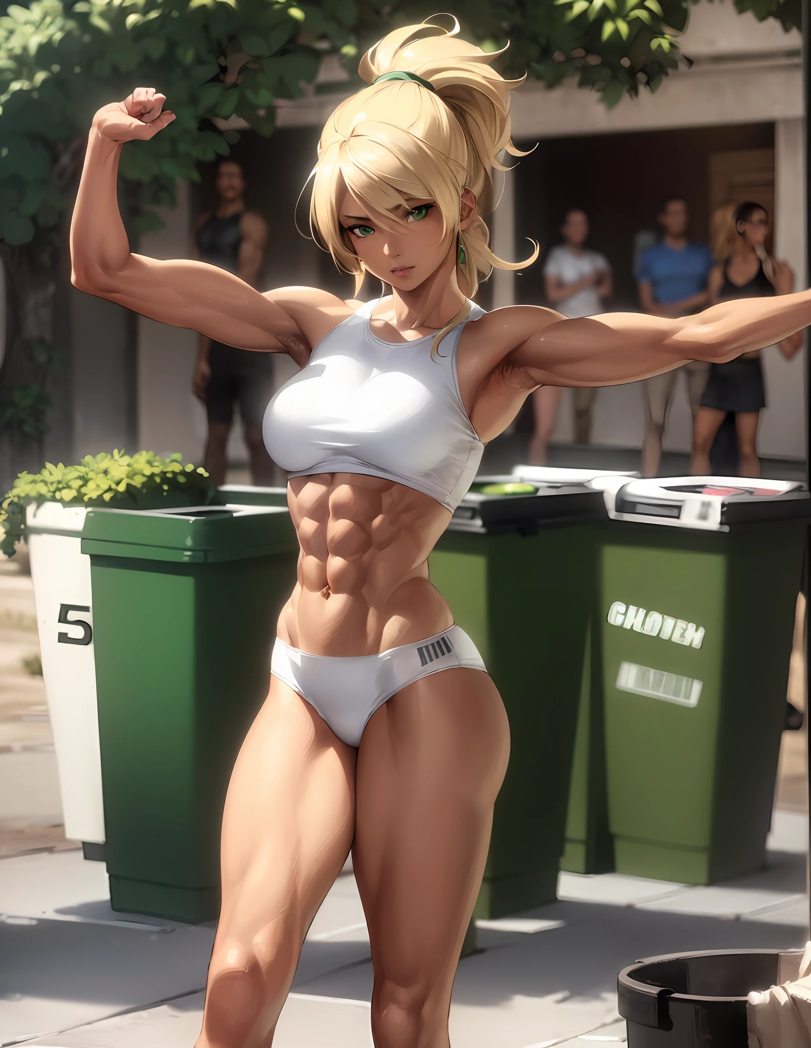 "Masterpiece, high quality, detailed, high resolution, 4k, 8k, realistic skin texture, amazing shadows, perfect lighting, hyper-realistic." A woman (blonde hair, tanned white skin, toned abs, green eyes), loose gym clothes, kicking a trash can, dirty detailed city on background, 80's city