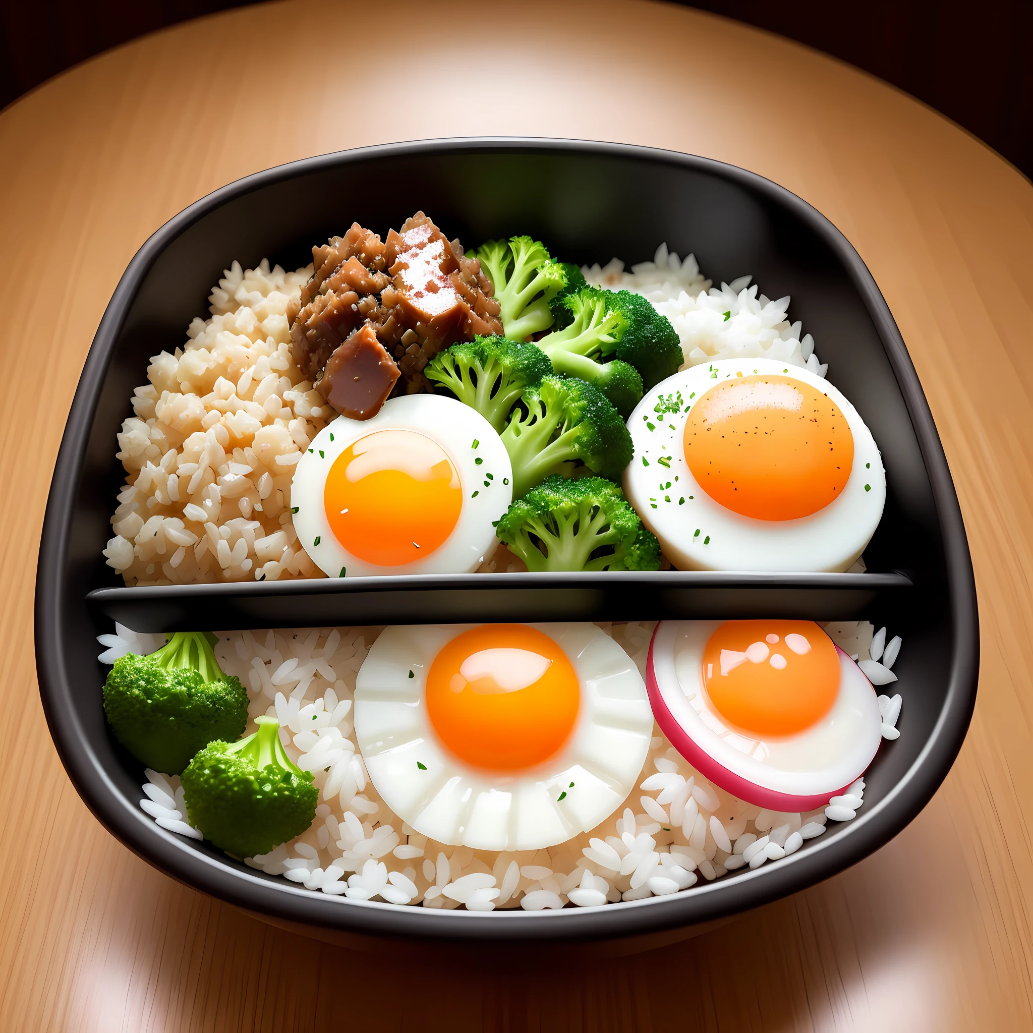 Photography, high quality, high resolution, dog eating, rice bowl, chopped fried egg, minced meat, radish cut into small cubes, grains, rice, chopped broccoli