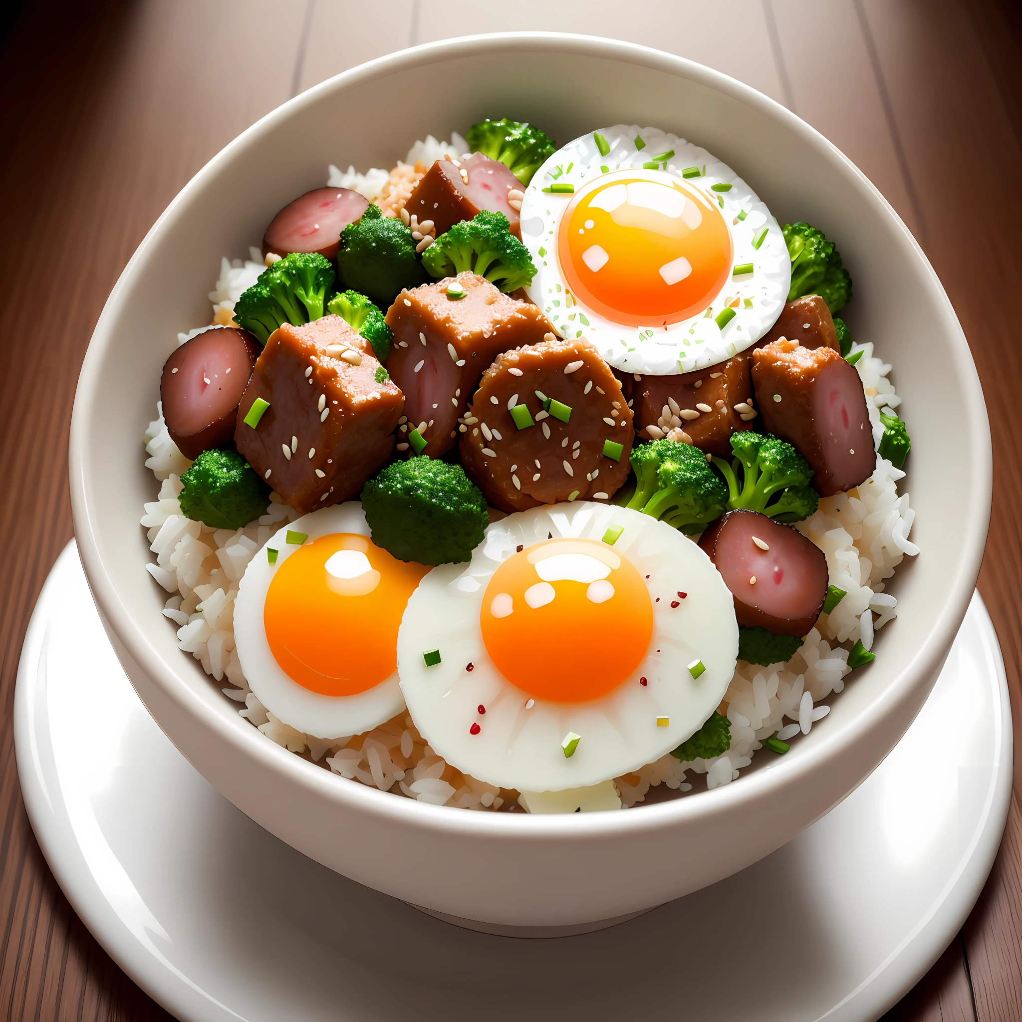 Photography, high quality, high resolution, dog eating, rice bowl, chopped fried egg, minced meat, radish cut into small cubes, grains, rice, chopped broccoli
