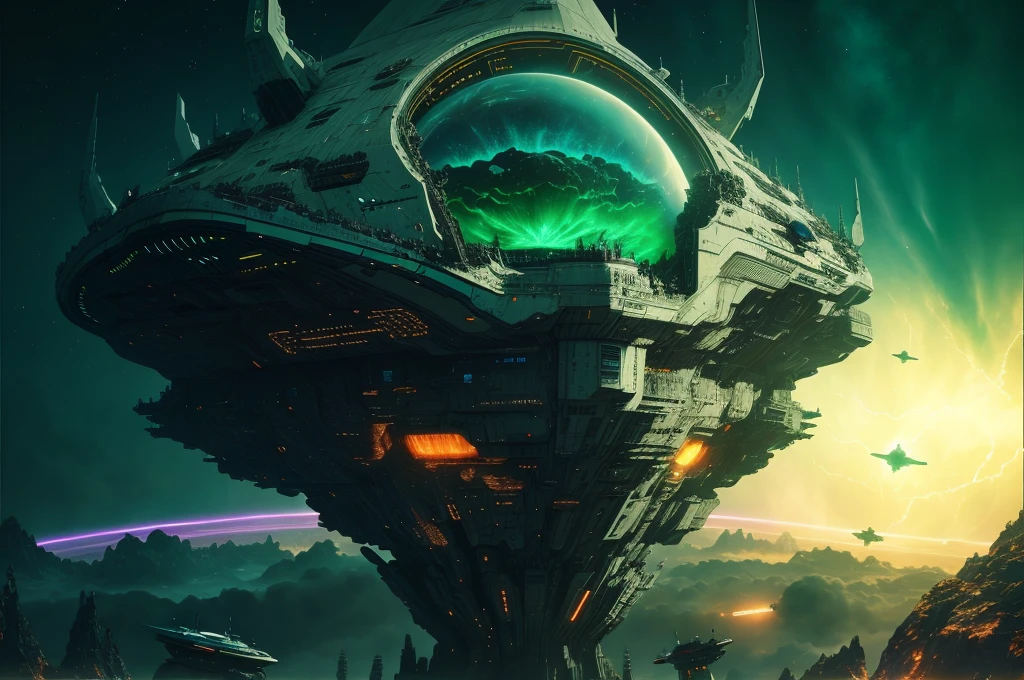 Massive starship in the shape of an elfin head representing the Immanentization of the Eschaton, Armageddon, Revelations mandelbulber texturing of multiple modular layered metal and ceramic overlays, dropping from orbit, glowing light-purple plasma energy field surrounds it, entering upper atmosphere, sci fi, epic, suspense, cinematic, hyper detailed, hyper realistic, 8k