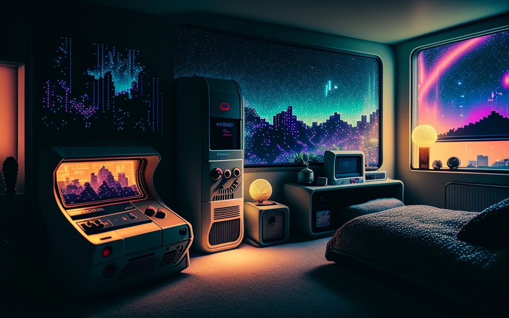 photo of a cozy upscale Atari-64 neo-gameboy futurism bedroom