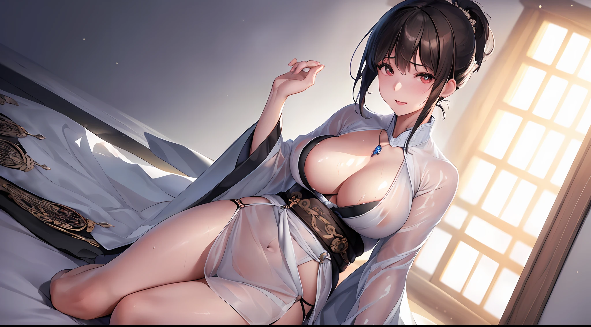 (extremely detailed CG unity 8k wallpaper), (masterpiece), (best quality), (ultra-detailed), (best illustration), (best shadow), (photorealistic:1.1), (PureErosFace_V1:0.5), (Taiwanese cute girl), (Taiwanese sexy beauty), (Taiwanese mature girl), Real skin, lens flare, shadow, backlight, (depth of field), (natural lighting), film grain, ((1 female)), super high resolution, (eye detail: 1.4), brown eyes, charming smile, cute, (one-eyed), (brown hair), ((Ji cut short hair low ponytail)), (white sheer hanfu), (white see-through hanfu), ((black tang cloak)), ((plump and droopy chest)), (denim photo), (full body), background blur, 18 yo, ((solo)), (smooth skin), cutea, wearing a diamond necklace, (looking at the audience), (looking ahead), (smile512:0.2), (night), (busty), (without makeup), (in a dark bedroom), (wet), (sweat), open mouth, (strabismus: 0.5), (mall), (exposed cleavage) ((small areola)), brokeh, crowd