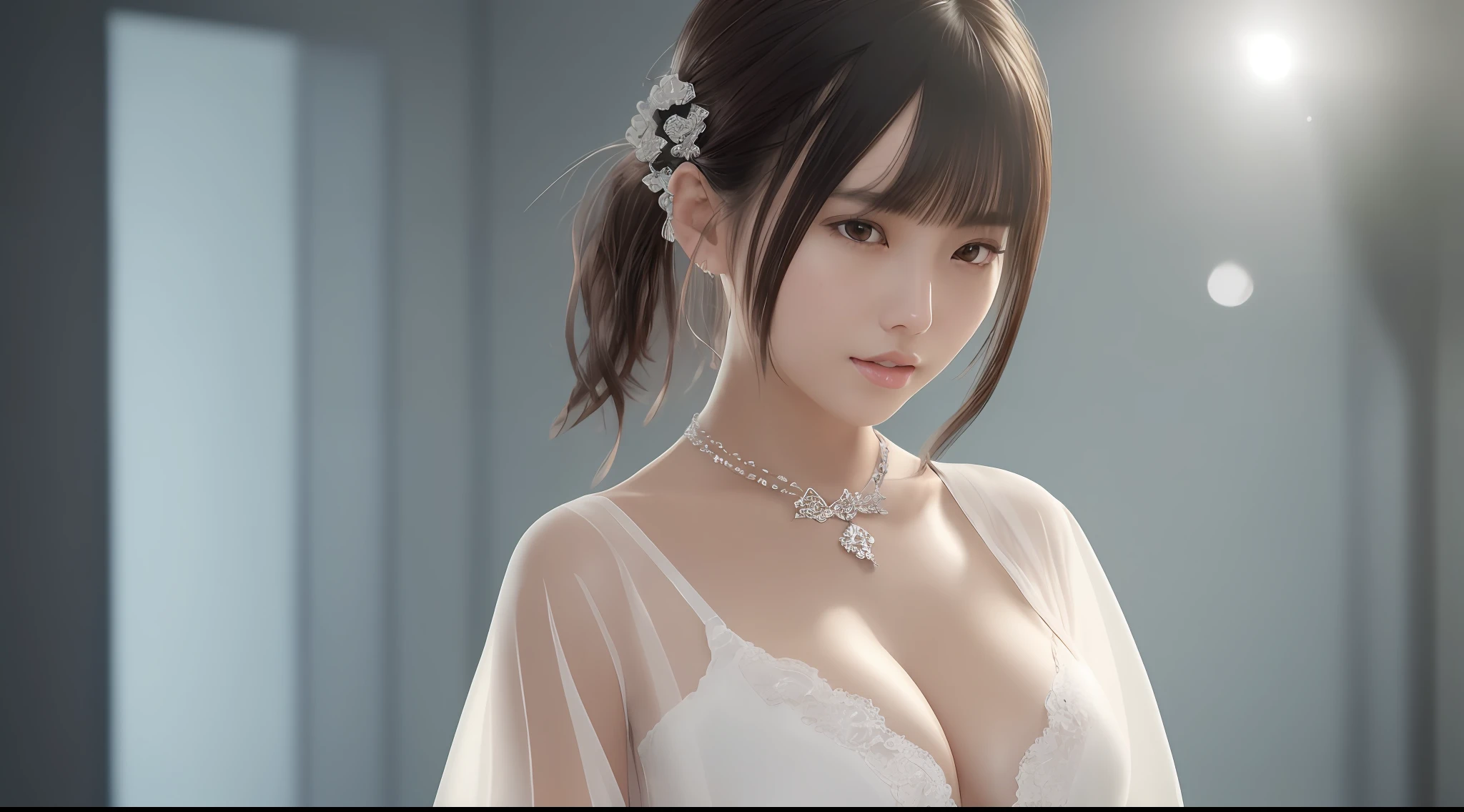 (extremely detailed CG unity 8k wallpaper), (masterpiece), (best quality), (ultra-detailed), (best illustration), (best shadow), (photorealistic:1.1), (PureErosFace_V1:0.5), (Taiwanese cute girl), (Taiwanese sexy beauty), (Taiwanese mature girl), Real skin, lens flare, shadow, backlight, (depth of field), (natural lighting), film grain, ((1 female)), super high resolution, (eye detail: 1.4), brown eyes, charming smile, cute, (one-eyed), (brown hair), ((Ji cut short hair low ponytail)), (white sheer hanfu), (white see-through hanfu), ((black tang cloak)), ((plump and droopy chest)), (denim photo), (full body), background blur, 18 yo, ((solo)), (smooth skin), cutea, wearing a diamond necklace, (looking at the audience), (looking ahead), (smile512:0.2), (night), (busty), (without makeup), (in a dark bedroom), (wet), (sweat), open mouth, (strabismus: 0.5), (mall), (exposed cleavage) ((small areola)), brokeh, crowd
Sweat with a mask