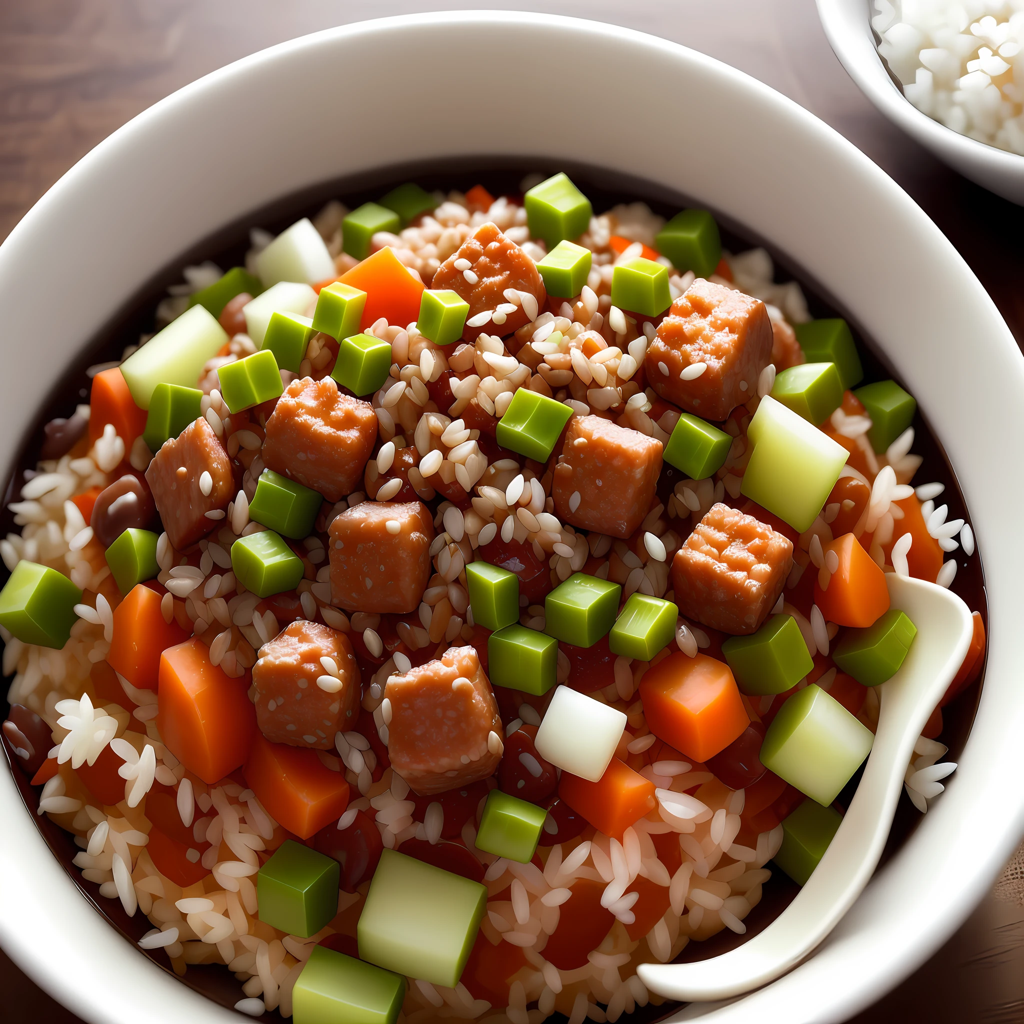 Photography, high quality, high resolution, dog eating, stainless rice bowl, minced pod, minced meat, radish cut into small cubes, grains, rice, carrot in small cubes, intricate