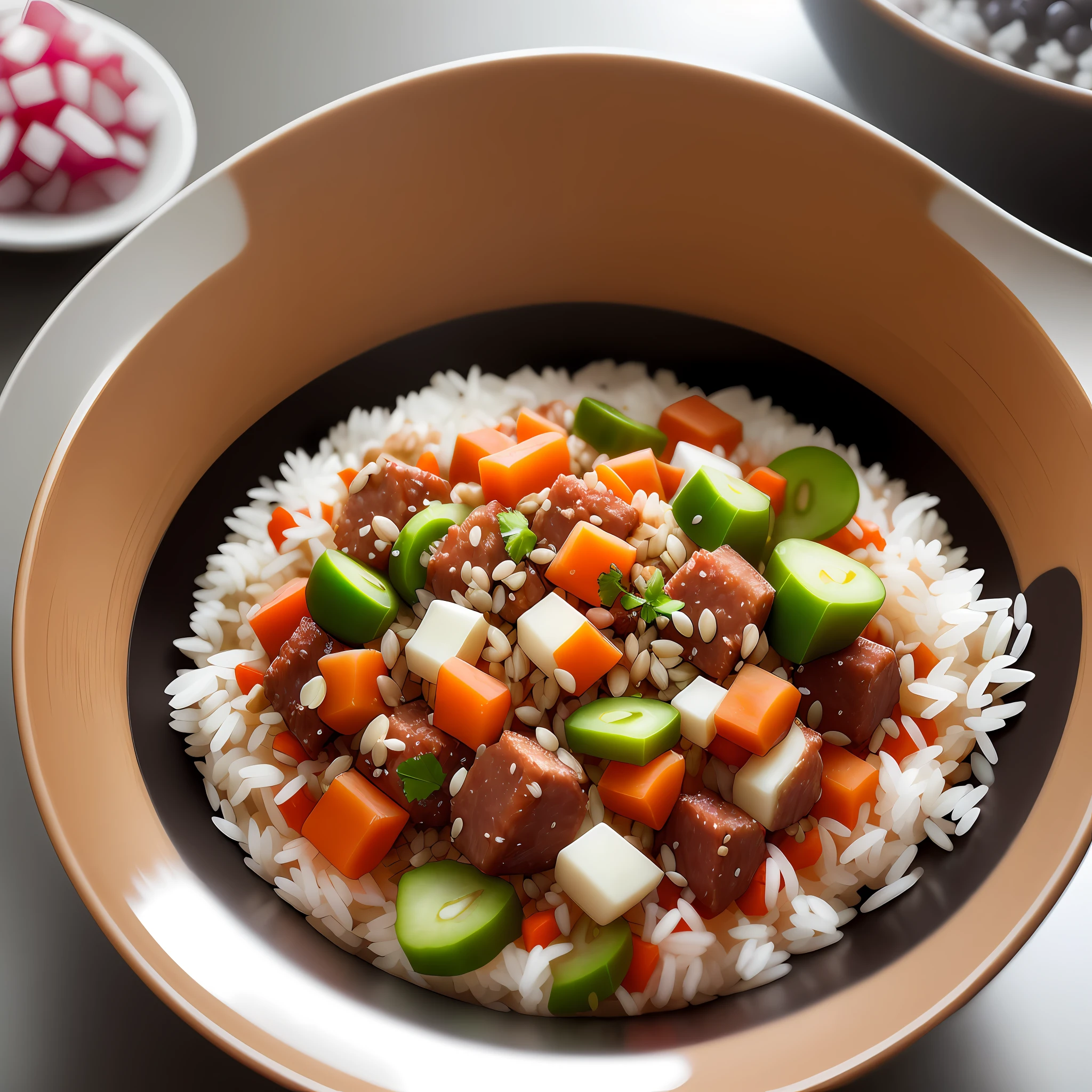 Photography, high quality, high resolution, dog eating, stainless rice bowl, minced pod, minced meat, radish cut into small cubes, grains, rice, carrot in small cubes, intricate