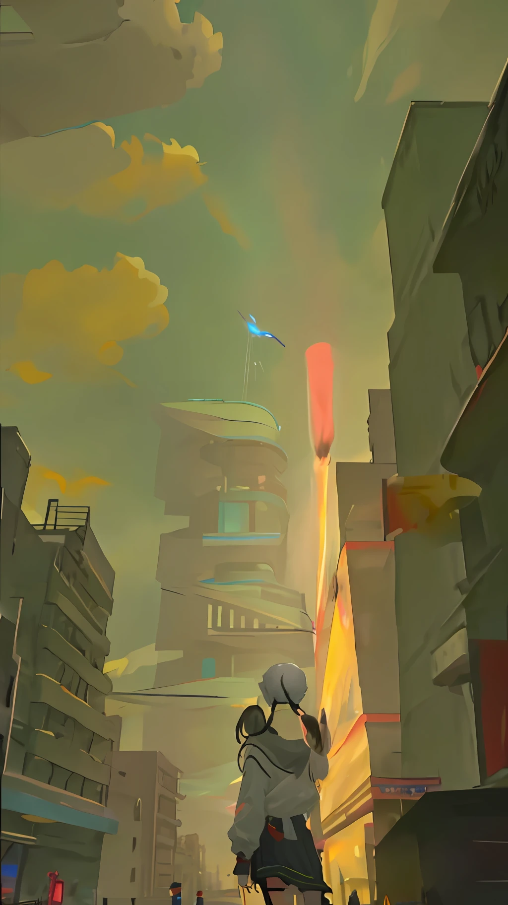 There is a kite flying in the sky with a building in the background, an ethereal still, game screenshot, game screenshot, video game screenshot 2020, video game stills, tired gods, looming city, game stills, super wide game screenshot, PC screenshot, video game screenshot, video game screenshot, white hair, two pigtails, cute girls